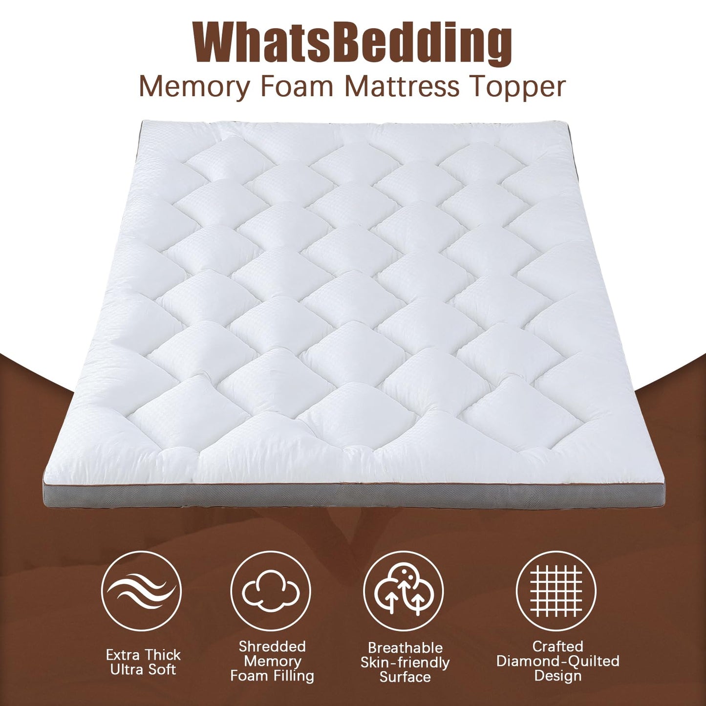 WhatsBedding 3 Inch Memory Foam Mattress Topper Queen, Extra Soft Pillow Top Mattress Topper with Breathable Air Mesh Sides, 1700GSM Fluffy Shredded Memory Foam Filled & Thicked Down Alternative-Lined