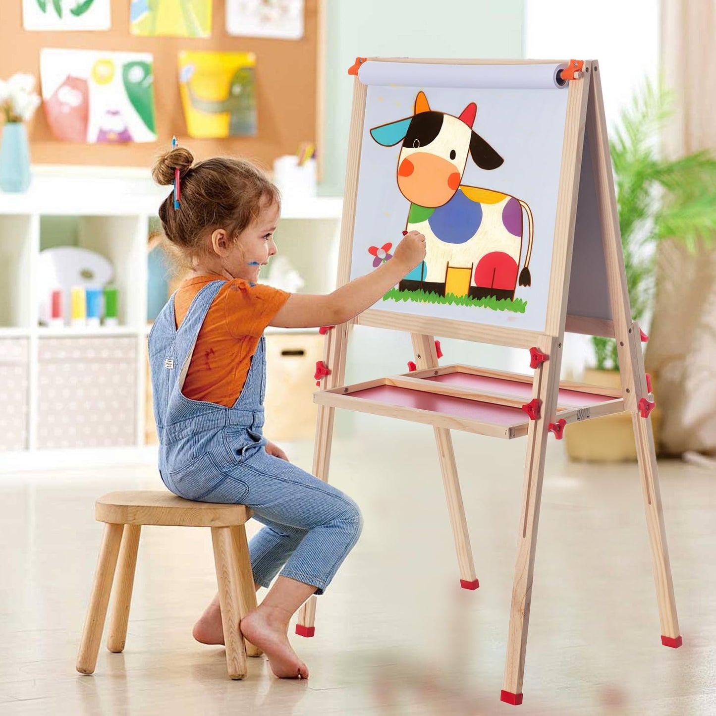 Wooden Adjustable Easel for Kids,Quick-Fold Kids Easel with Paper Roll&Accessories, Double Sided Painting Easels for Toddlers 3,4,5,6,7,8,9,10 Years,Perfect Painting Gifts&Supplies for Boys&Girls