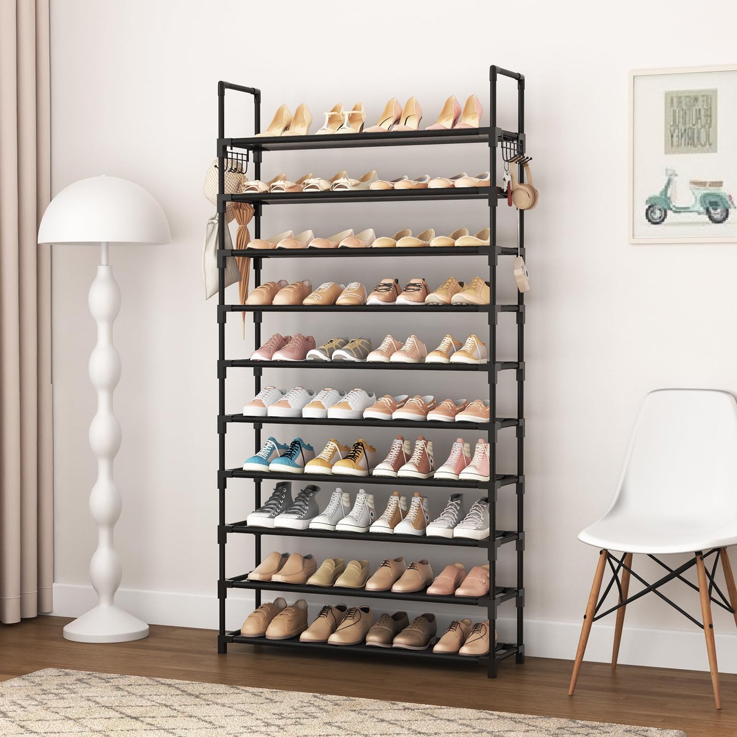 VTRIN 10-Tier Shoe Rack - Large Capacity 50 Pair Organizer with Two Hooks - Sturdy Metal Shoe Shelf for Entryway, Closet, Bedroom
