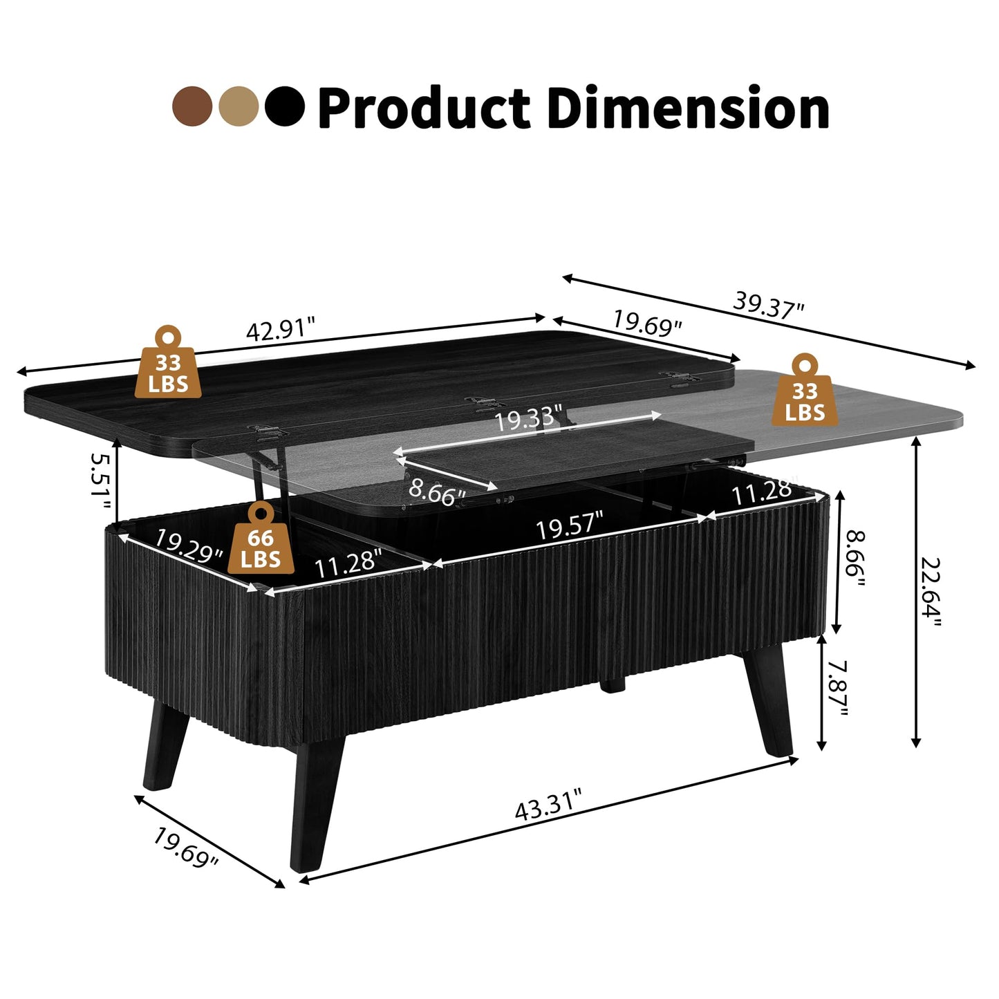 3 in 1 Lift Top Coffee Table, Fluted Convertible Coffee Tables Converts to Dining Tables, Modern Oval Wooden Center Table with Storage for Living Room Office Small Space, Partial Assembly (Black)