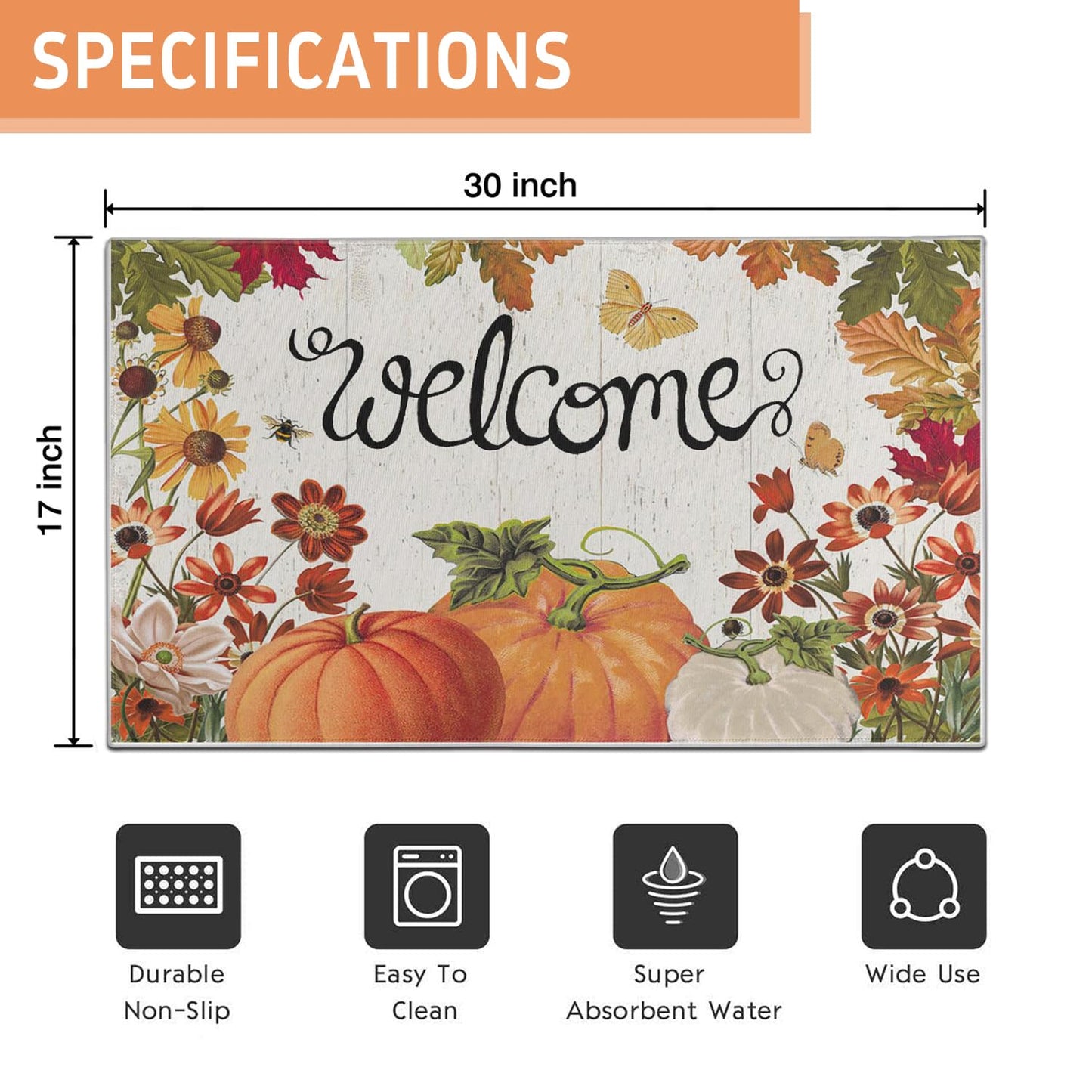 wyoansfhd Fall Pumpkin Doormat, Autumn Home Decor Entry Door mat, Pumpkin Doormat, Low Profile Entry, Non-Slip Farmhouse Mat, Outdoor Welcome Mat 17x30 Inch