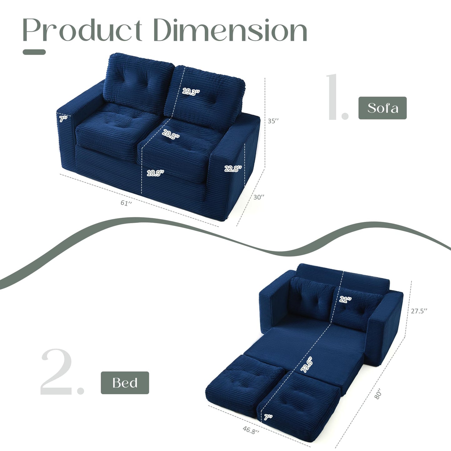 Afuson 61" Convertible Sofa Bed, Pull Out Loveseat Sleeper Sofa, 3 in 1 Folding Futon Bed, Fold Out Floor Bed Sofa with Pillows for Living Room Bedroom Lounge Guest Room, Corduroy, Blue