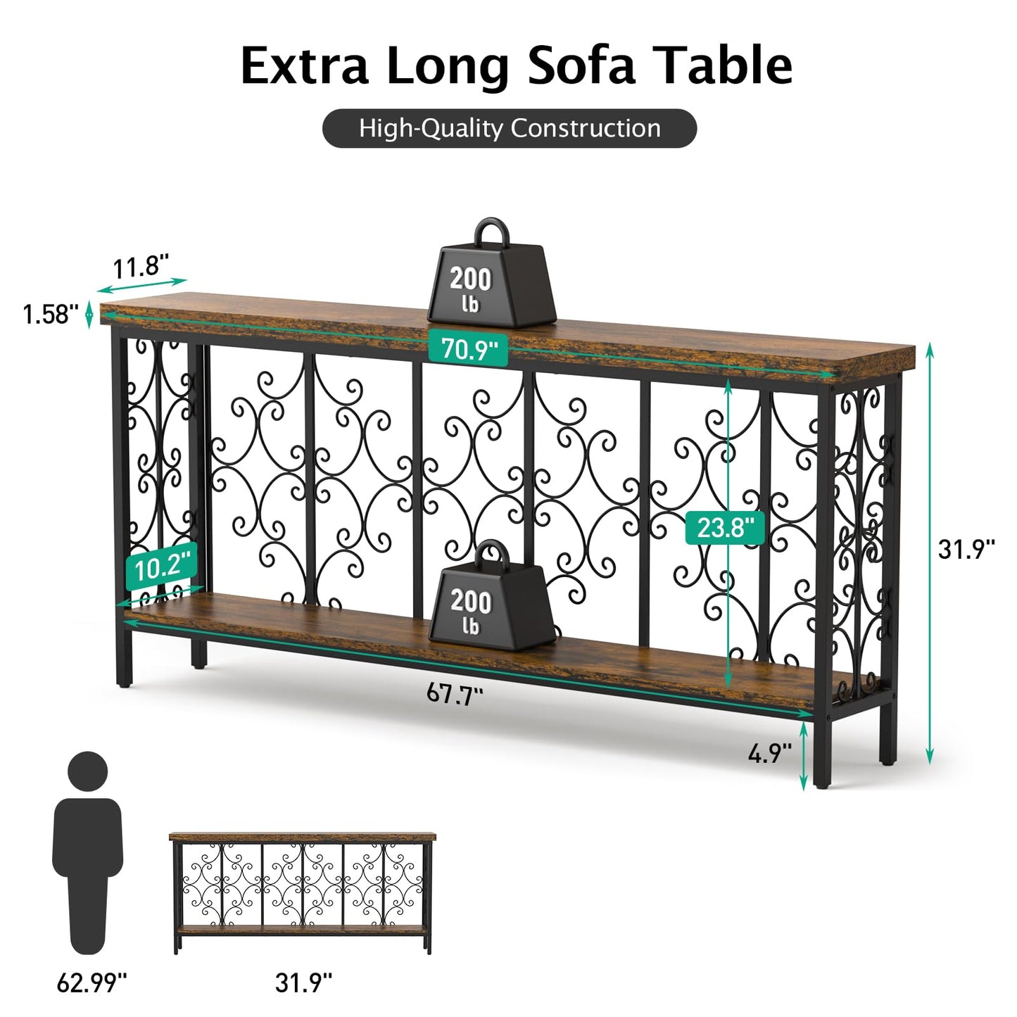 XCSOURCE Console Table, 70.9" Entryway Table with Storage Shelf, Extra Long Sofa Table Behind Couch, 2-Tier Hallway Accent Tables for Living Room, Entrance, Foyer, Rustic Brown