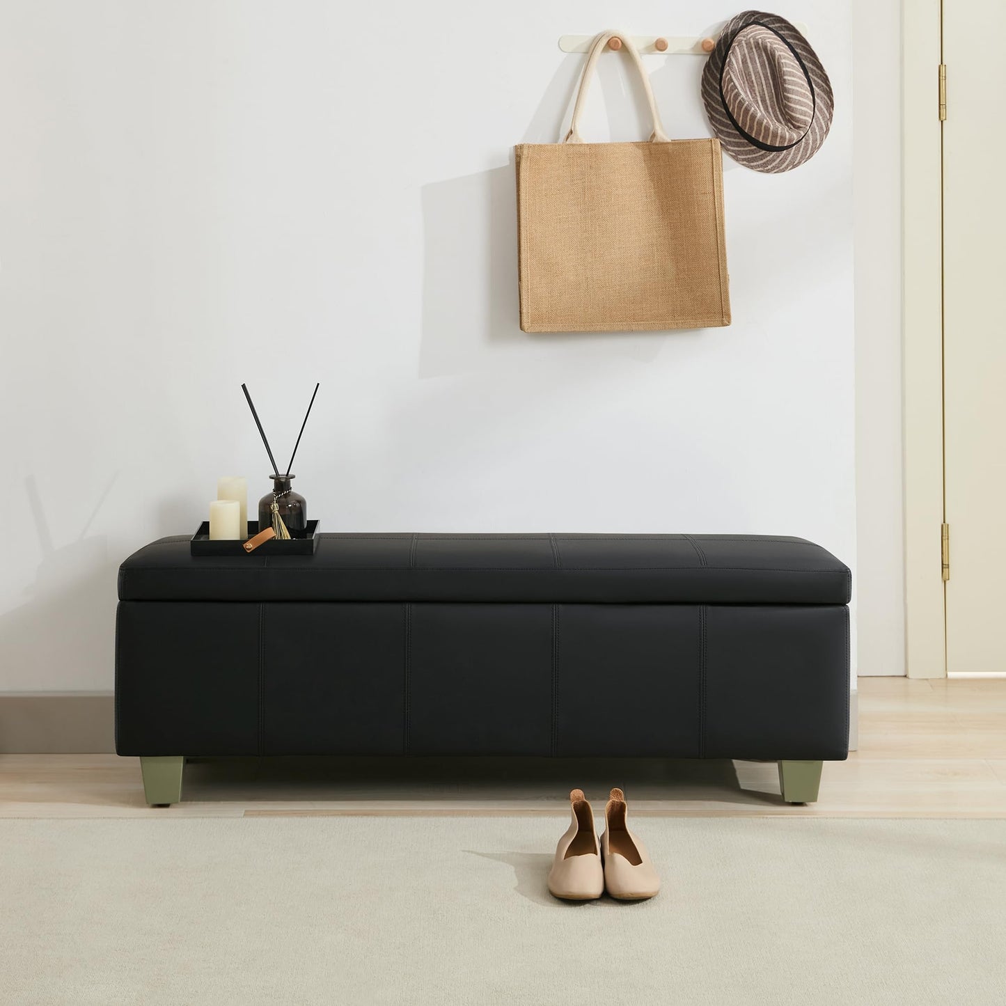 51" Faux Leather Storage Ottoman, Stitch Tufted Rectangle Upholstered End of Bed Storage Bench, Entryway Large Couch Ottoman with Wooden Legs, Dark Black