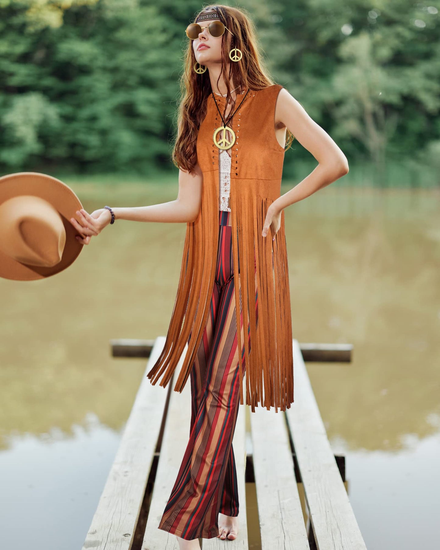 7 Pcs 60s 70s Outfits for Women Halloween Cosplay Set Disco Hippie Costume Set Fringe Vest Flared Pant Peace Sign Decor(M)