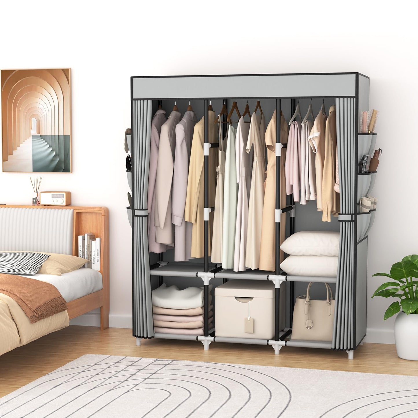 VTRIN Portable Closet Wardrobe for Hanging Clothes Closet with Cover, 3 Hanging rods, 6 Storage Shelves and Side Pocket, Diameter 19mm Metal Pipe, Sturdy Free Standing Closet for Bedroom