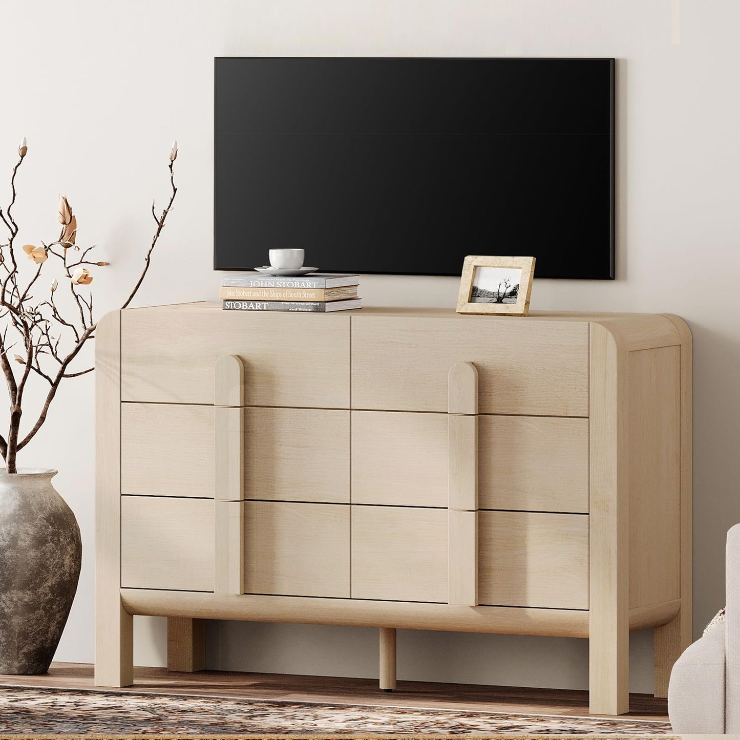 WAMPAT 6 Drawers Dresser for Bedroom, 47.2" Wide Mid Century Modern Chest of Drawers, Wooden Dressers TV Stand with Curved Profile Design, Storage Organizer for Bedroom, Closet, Hallway, Light Oak