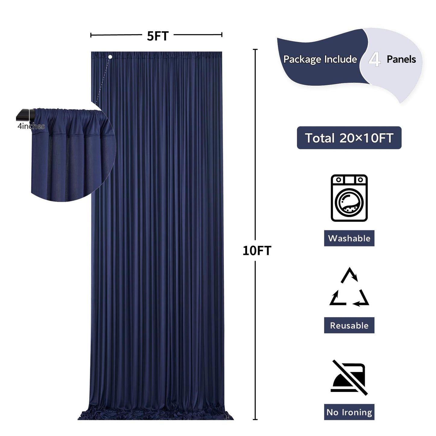 20 ft x 10 ft Wrinkle Free Navy Blue Backdrop Curtain for Parties,Polyester Photo Backdrop Drapes, Thick Background 4 Panels 5ft x 10ft for Baby Shower Wedding Birthday Party Backdrop Stand