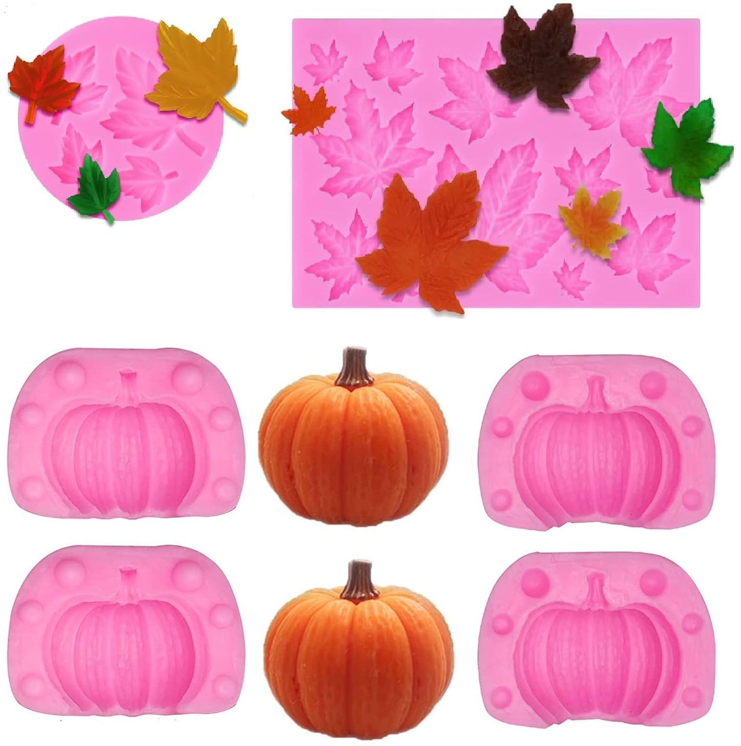 4Pcs 3D Pumpkin Silicone Mold Fall Thanksgiving Theme Silicone Mold Pumpkin Maple Leaves Fondant Molds for Autumn Harvest Making Cupcake Chocolate Cookie Candy Cake Decoration