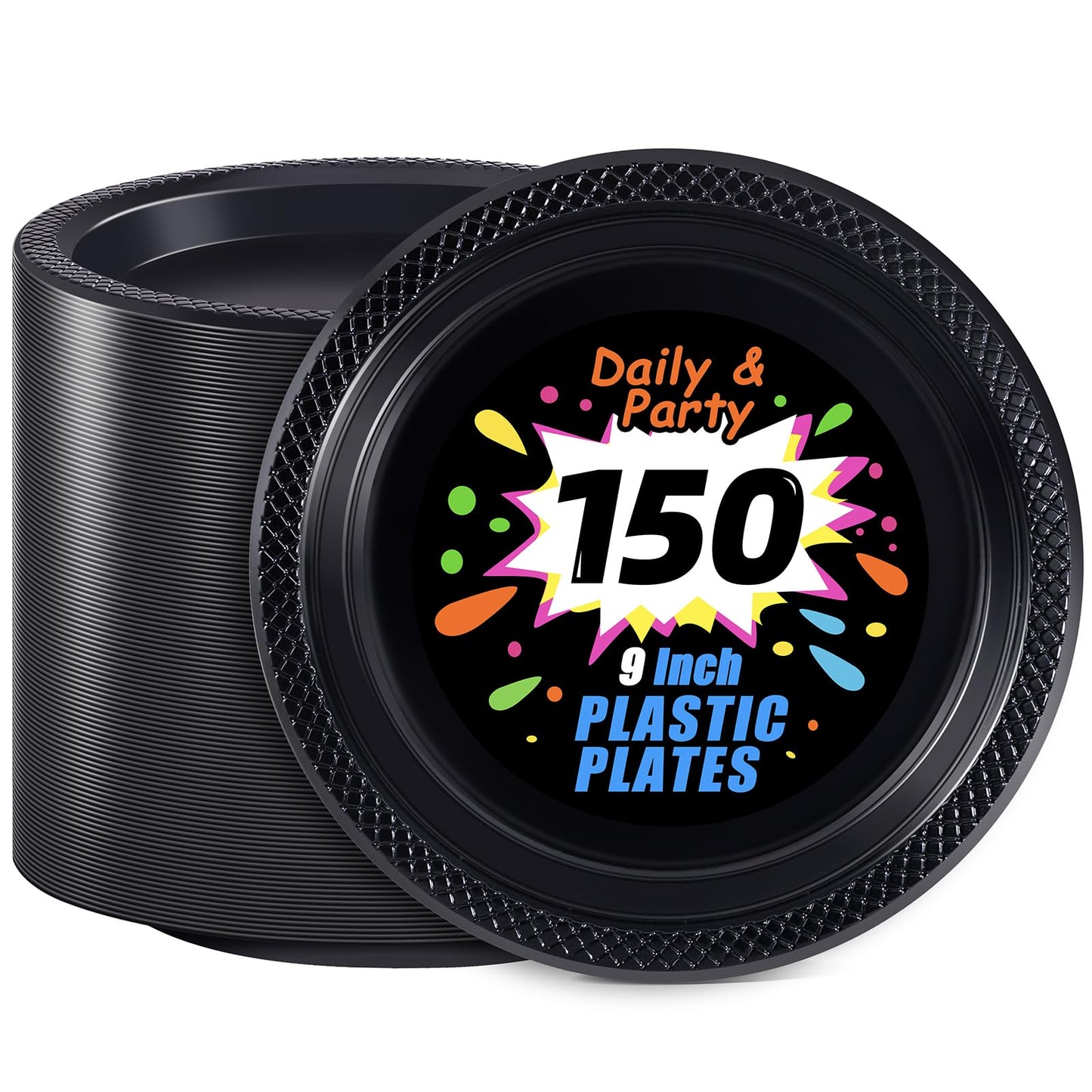 WELLIFE Black Plastic Plates 9 Inch -150 Count for Party, Plastic Disposable Dinner Plates for Easter Picnic BBQ