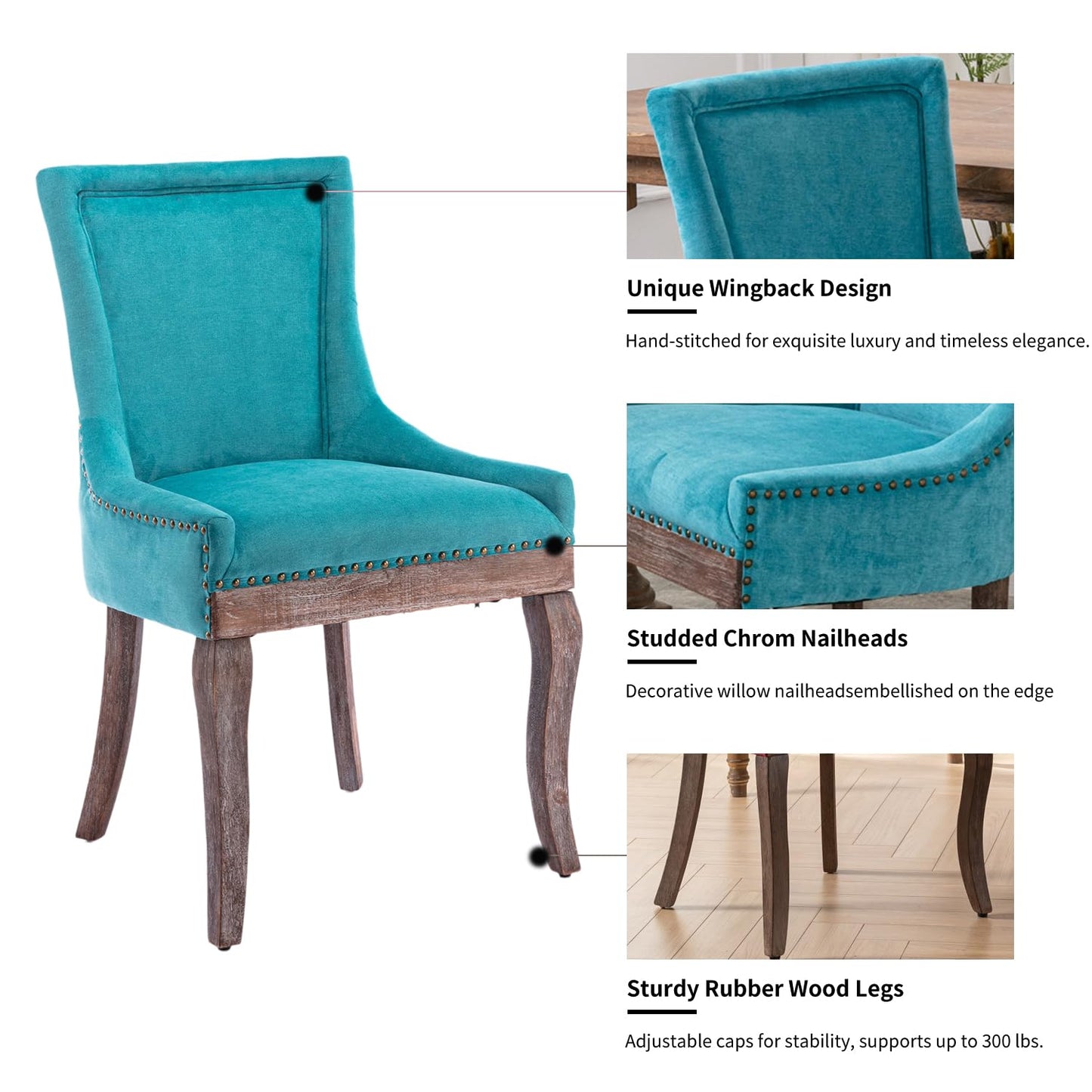 Yayzy Modern Dining Chairs Set of 6, Upholstered Fabric High Back Dining Chairs with Nailhead Trim & Solid Wood Legs for Dining Room & Kitchen, Blue