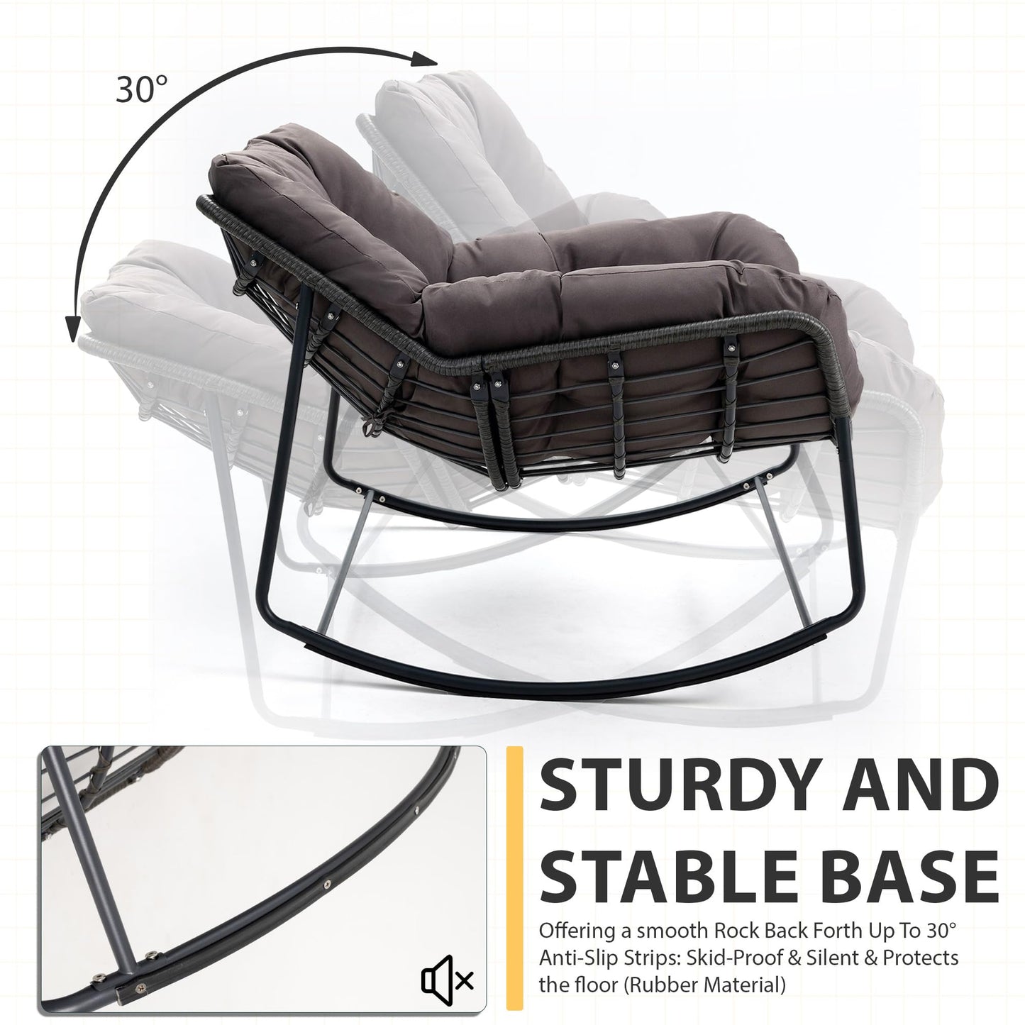 Yechen Outdoor Indoor Papasan Rocking Chair, Wicker Cozy Chair with Cushion, Oversized Outdoor Patio Reading Chair, Egg Chairs for Bedroom/Living Room/Porch/Garden/Lawn, Charcoal Grey