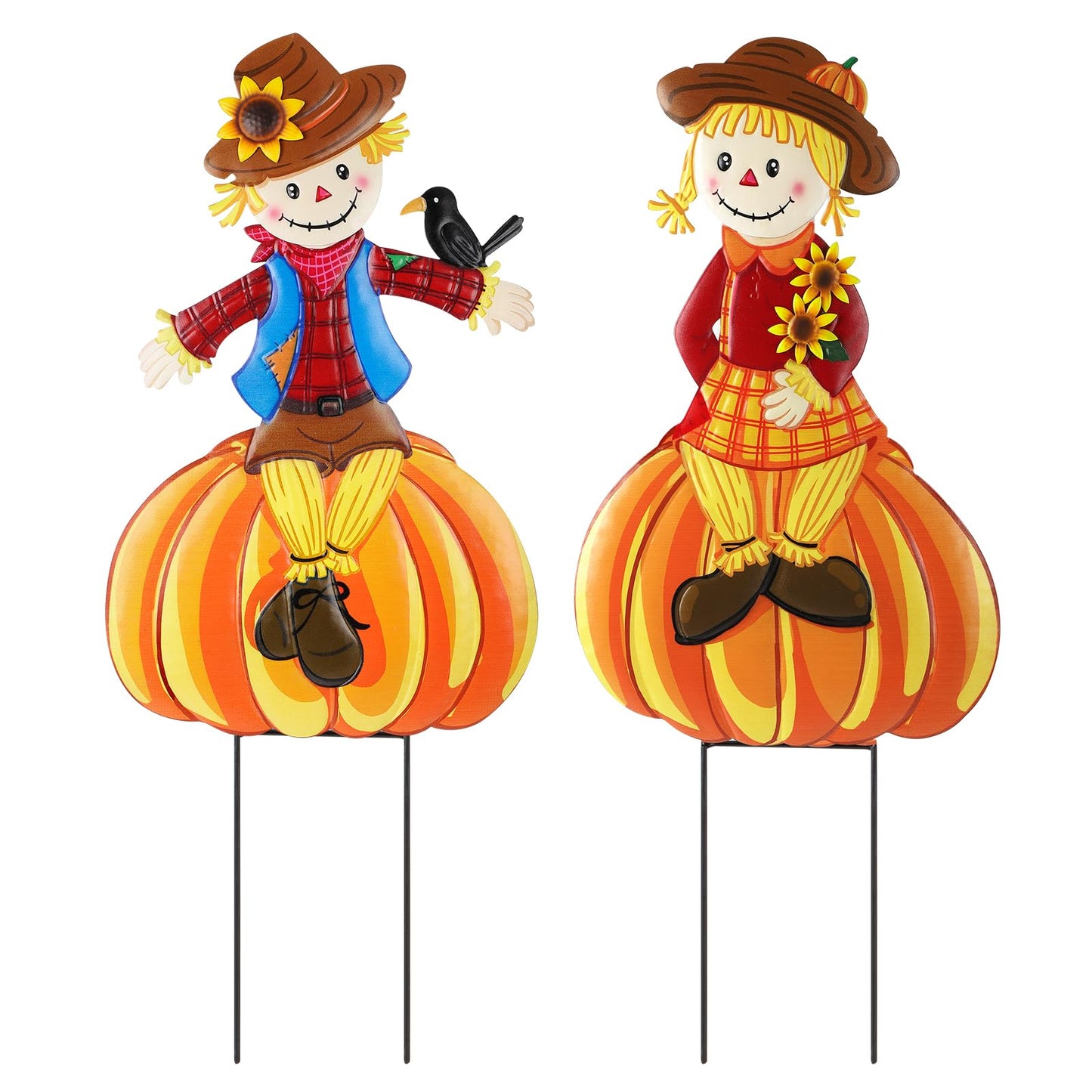 2 Pcs Fall Yard Signs Scarecrow Decorations Outdoor, 30"H Metal Thanksgiving Fall Yard Stakes Scarecrow Lawn Decor, Fall Garden Stakes for Patio Pathway Autumn Harvest Outside Decorations (Sitting)