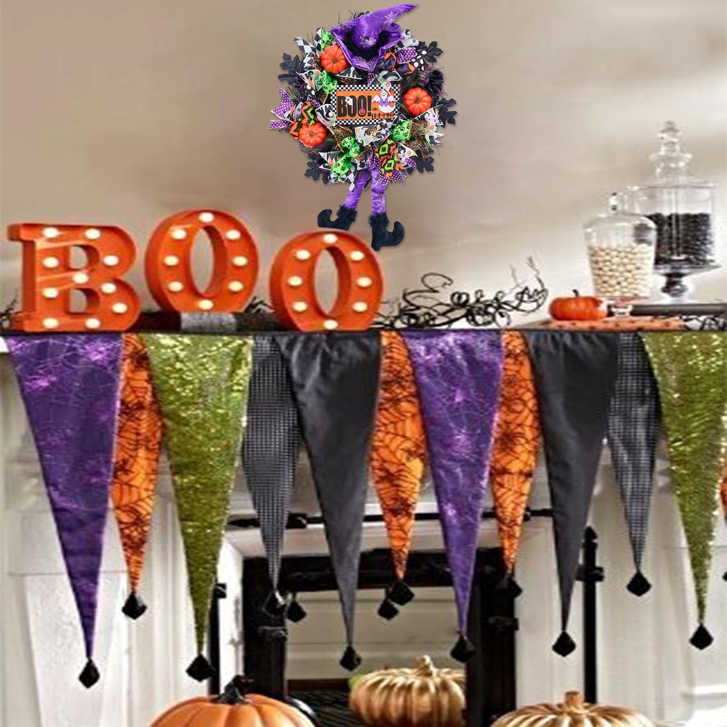 Vofuly Wreath for Front Door,20inch mesh Wreath,Pumkin & Witch Wreath with Legs,Fun Porch Decor,Decoration,Whimsical Halloween,Purple Green Orange (V23HL001)