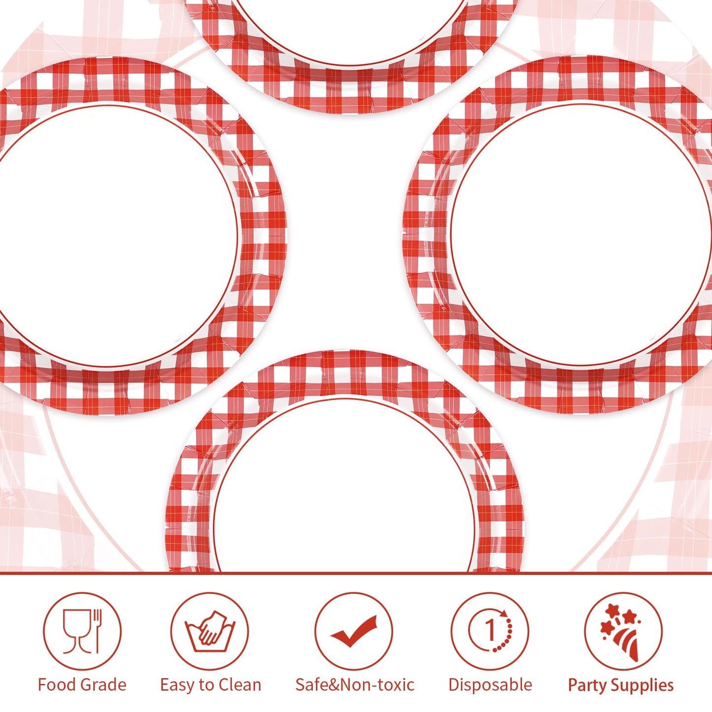 50 Pcs Red and White Gingham Paper Plates 9" Red Gingham Checkered Plaid Dessert Plates Disposable Red and White Gingham Party Supplies for Picnic Barbecue Baby Shower Birthday Party Decorations
