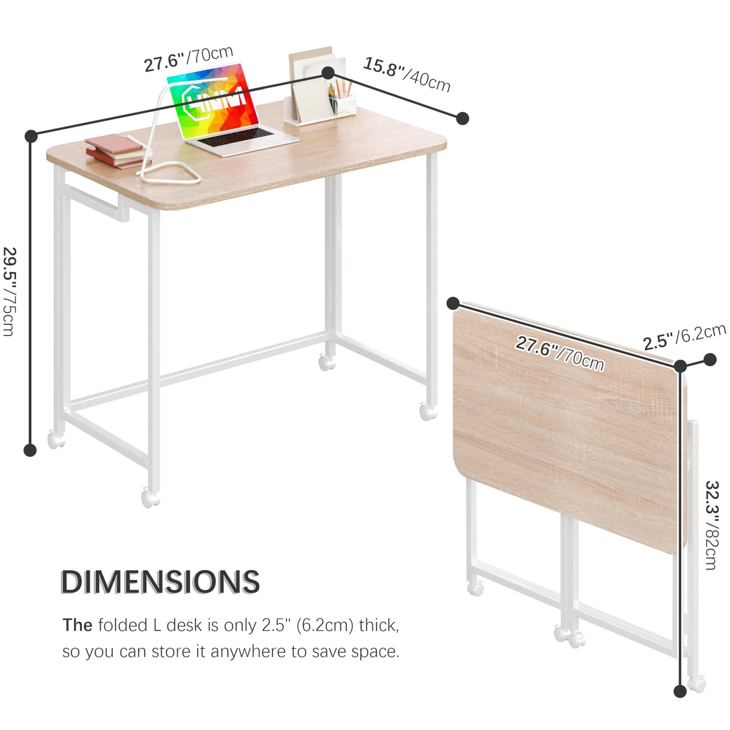4NM 27.5" Mobile Small Rolling Computer Desk, Folding Laptop Cart Table with Wheels, Portable Office Desk for Small Space Couch Bed - Natural and White