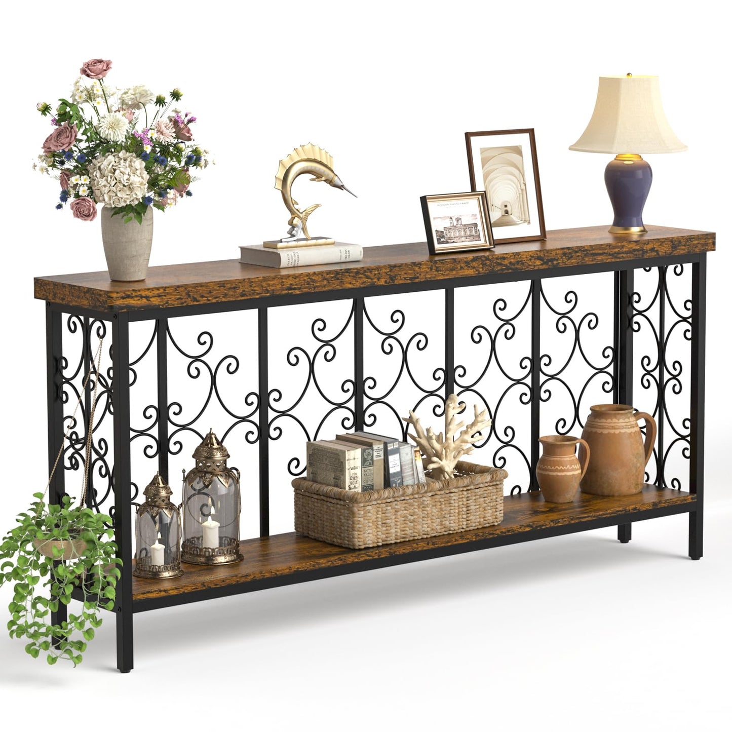 XCSOURCE Console Table, 70.9" Entryway Table with Storage Shelf, Extra Long Sofa Table Behind Couch, 2-Tier Hallway Accent Tables for Living Room, Entrance, Foyer, Rustic Brown
