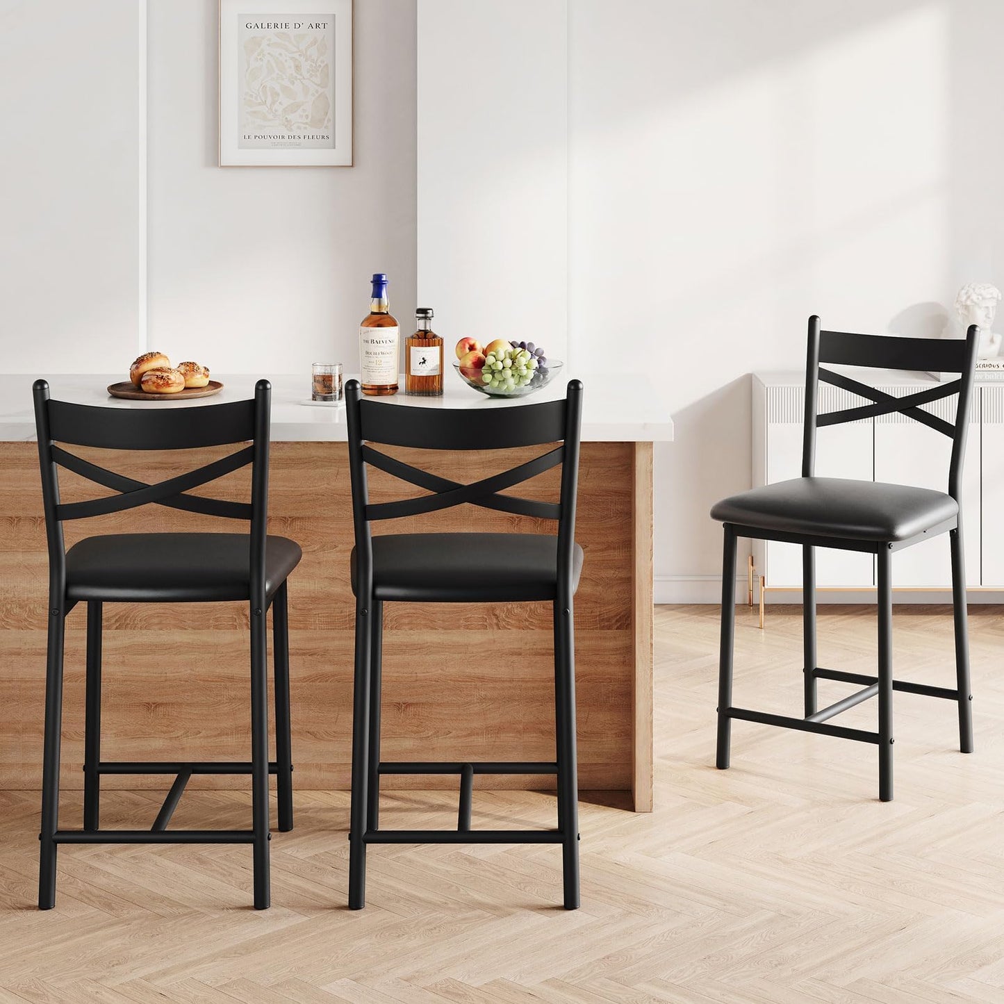 22.4" Bar Stools, Set of 4 Bar Chairs with X-Shaped Back Thick Cushion, Counter Height Barstools for Dining Room, Kitchen, Counter, Rustic Brown and Black