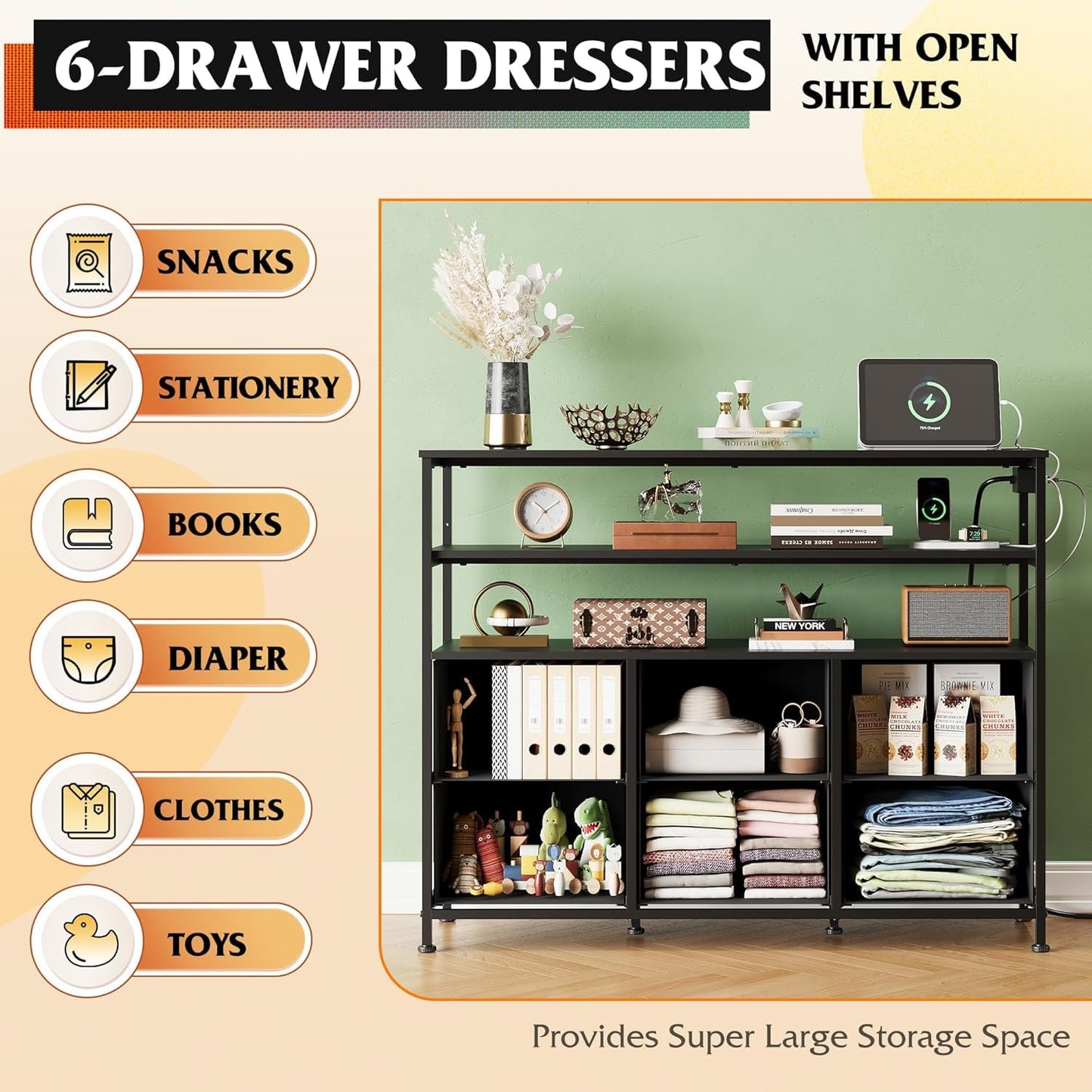 WLIVE Black Dresser for Bedroom, 6 Drawer Dressers with LED Lights and Charging Station, Fabric Chest of Drawers with Open Shelves, LED Storage Dresser for Living Room, Closet