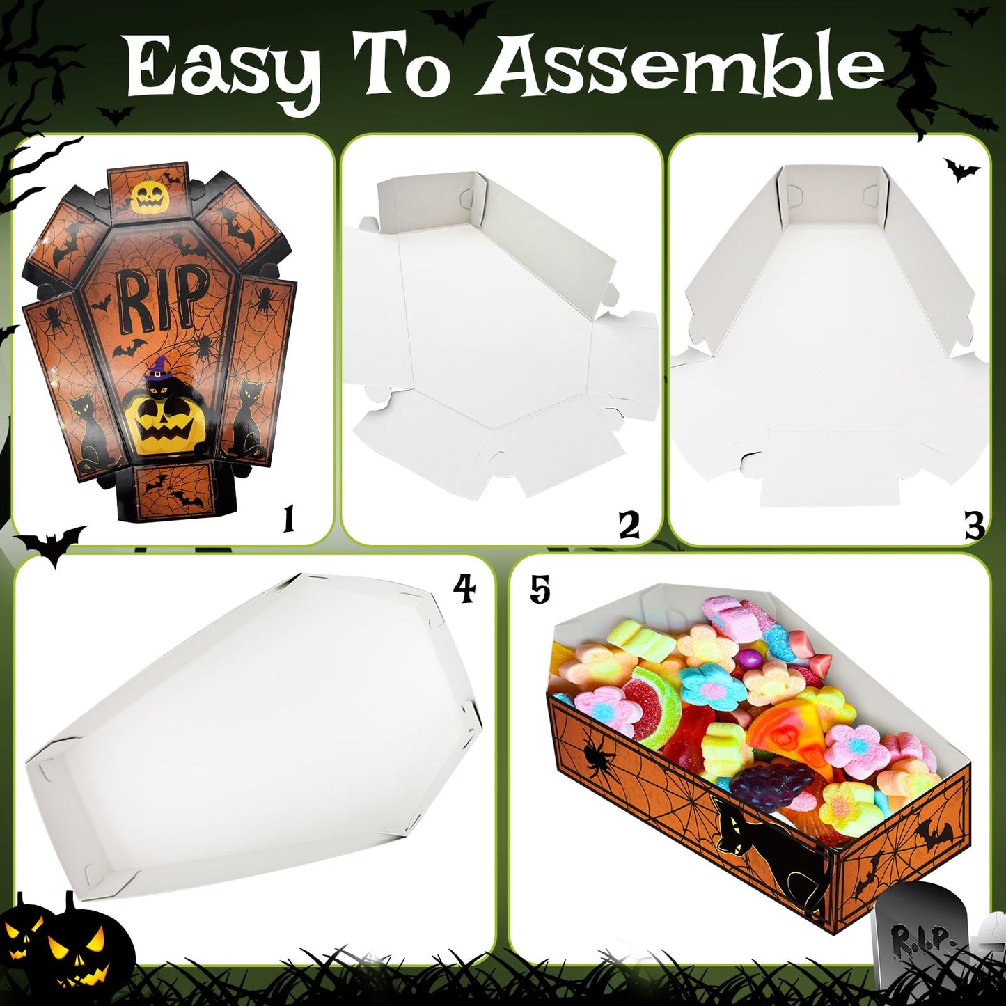 48 Pcs Halloween Party Paper Food Trays,Halloween Coffin Boxes, Disposable Coffin Bowl for Treat Candy Snack,Food Holder Serving Trays for Halloween Trick or Treat Party Supplies Decorations