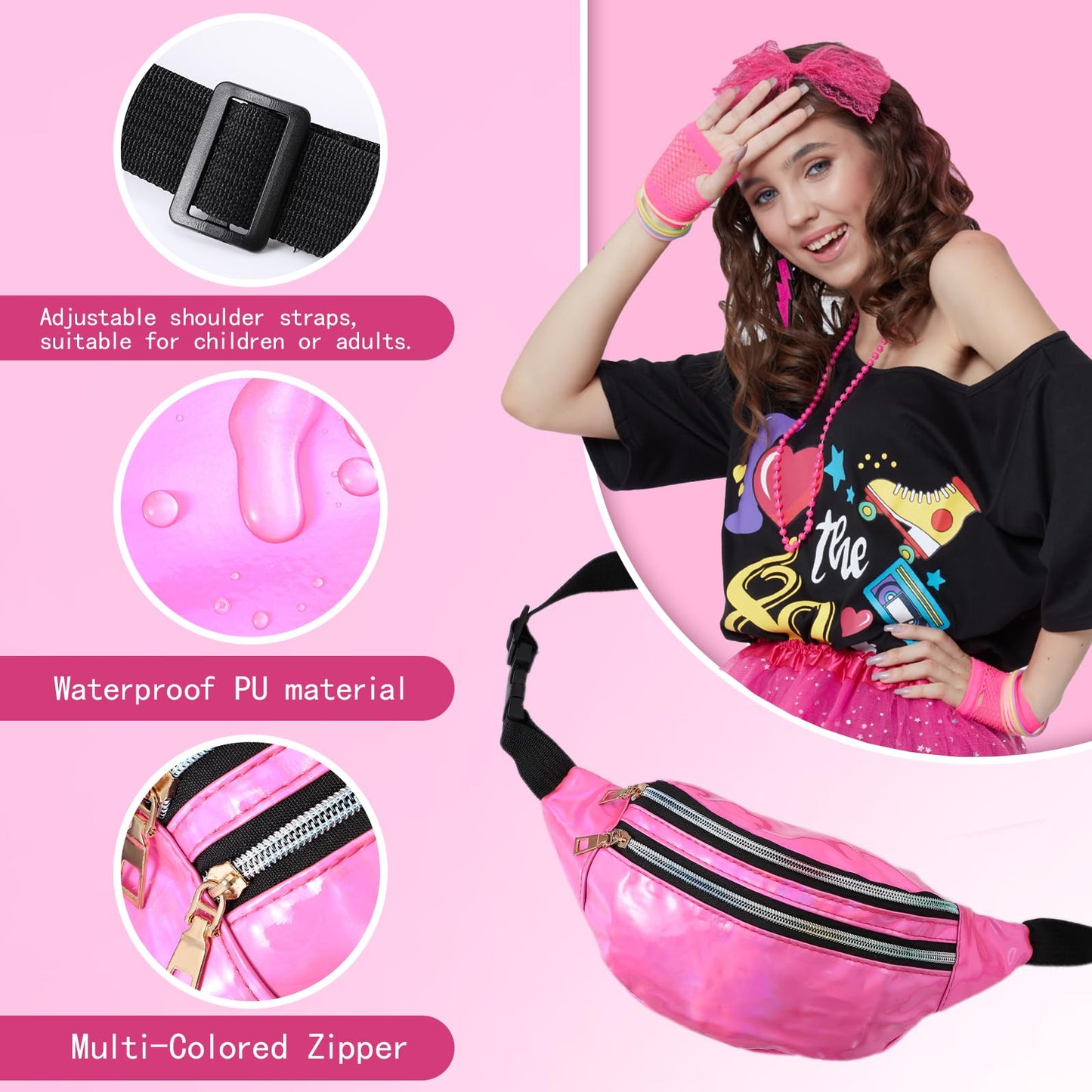 80s Outfits Costume Accessories for Women- 80s T-shirt, 80s Fanny Pack, Tutu Skirt for Halloween Cosplay Retro Theme Party