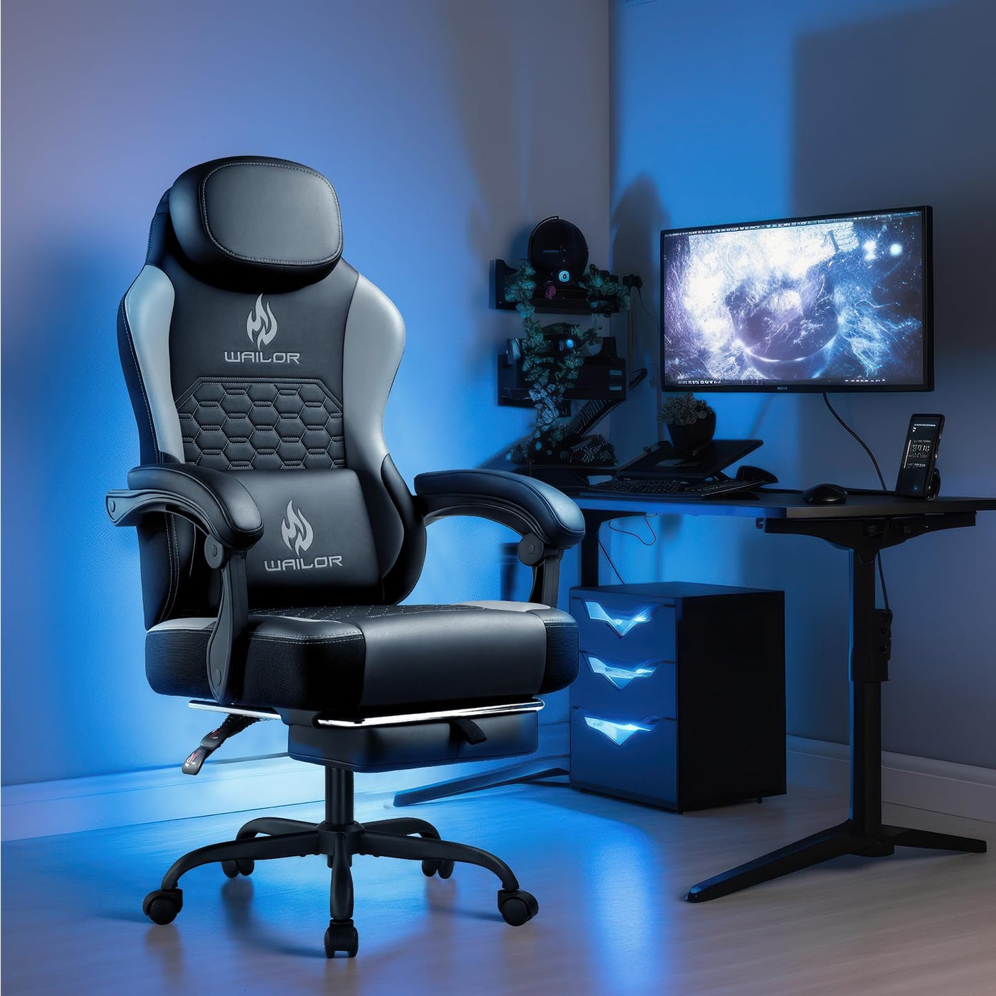 WAILOR Gaming Chair with Massage and Packet Spring Cushion,Ergonomic Gamer Chairs for Adults with Footrest 300lbs,High Back Gamer Leather Chair with Headrest and Lumbar Support