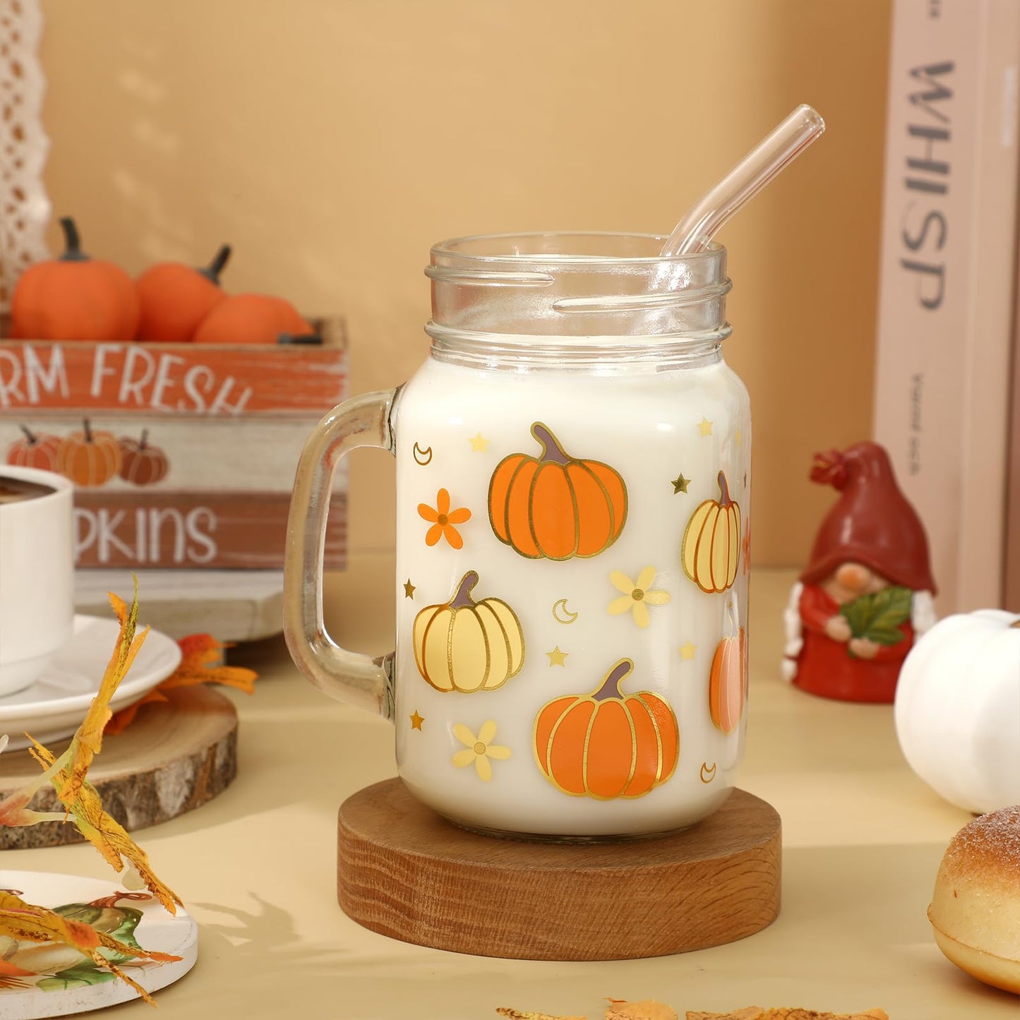 Whaline Fall Mason Jar Mug with Handle 18 oz Pumpkin Flower Star Mason Jar Drinking Glasses Orange Beige Pumpkin Ice Coffee Cups with Lid and Straw for Iced Coffee Tea Soda Cocktail Gifts