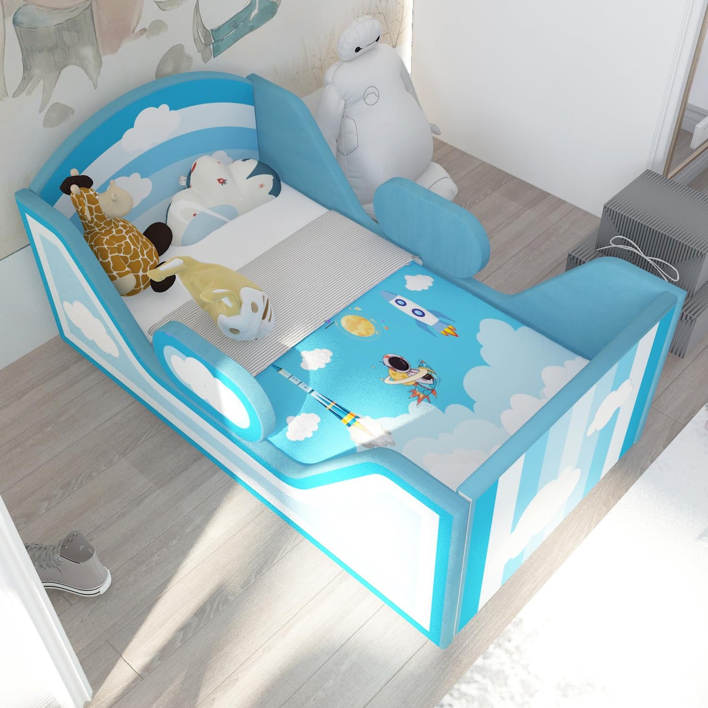 weeonekids Toddler Bed, Child Bed for Kids with Extra Safty Broad, Standard Crib Size Toddler Bed, Certified Fabric Toddler Beds,Toddler Flood Bed (Sky Blue)