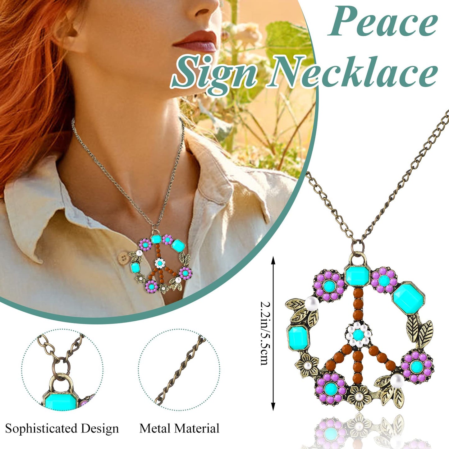 WILLBOND 60s 70s Accessories for Women Hippie Costume Accessories Peace Sign Necklace Headband Hair Wreath Sunglasses (Elegant Style)