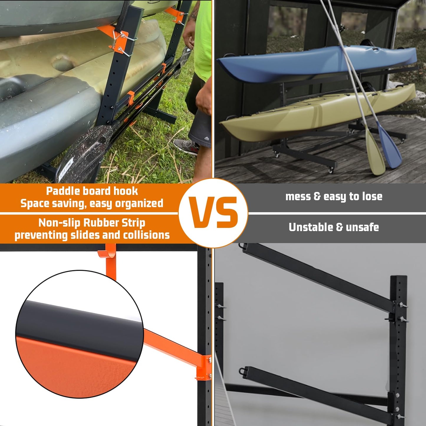 UOKRR 2 Kayak Storage Rack, Freestanding Kayak Racks for Garage, Heavy Duty Adjustable Kayak Stand Indoor Outdoor Storage Rack for Kayaks, Canoes, Surfboard & Paddleboard (2 Levels with paddle hook)