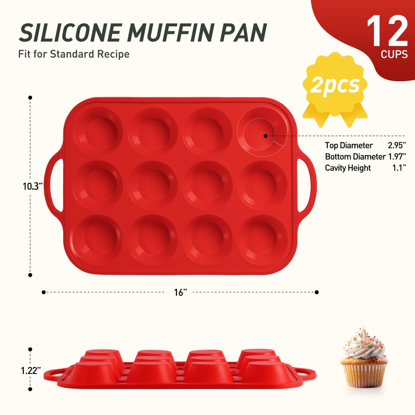 2 Packs 12 Cups Silicone Muffin Pan for Baking with Metal Reinforced Frame Regular Size Cupcake Pan Tray Egg Bites Silicone Cookie Molds Muffin Tin Tart Pans Sheet Set for Oven Dishwasher Safe