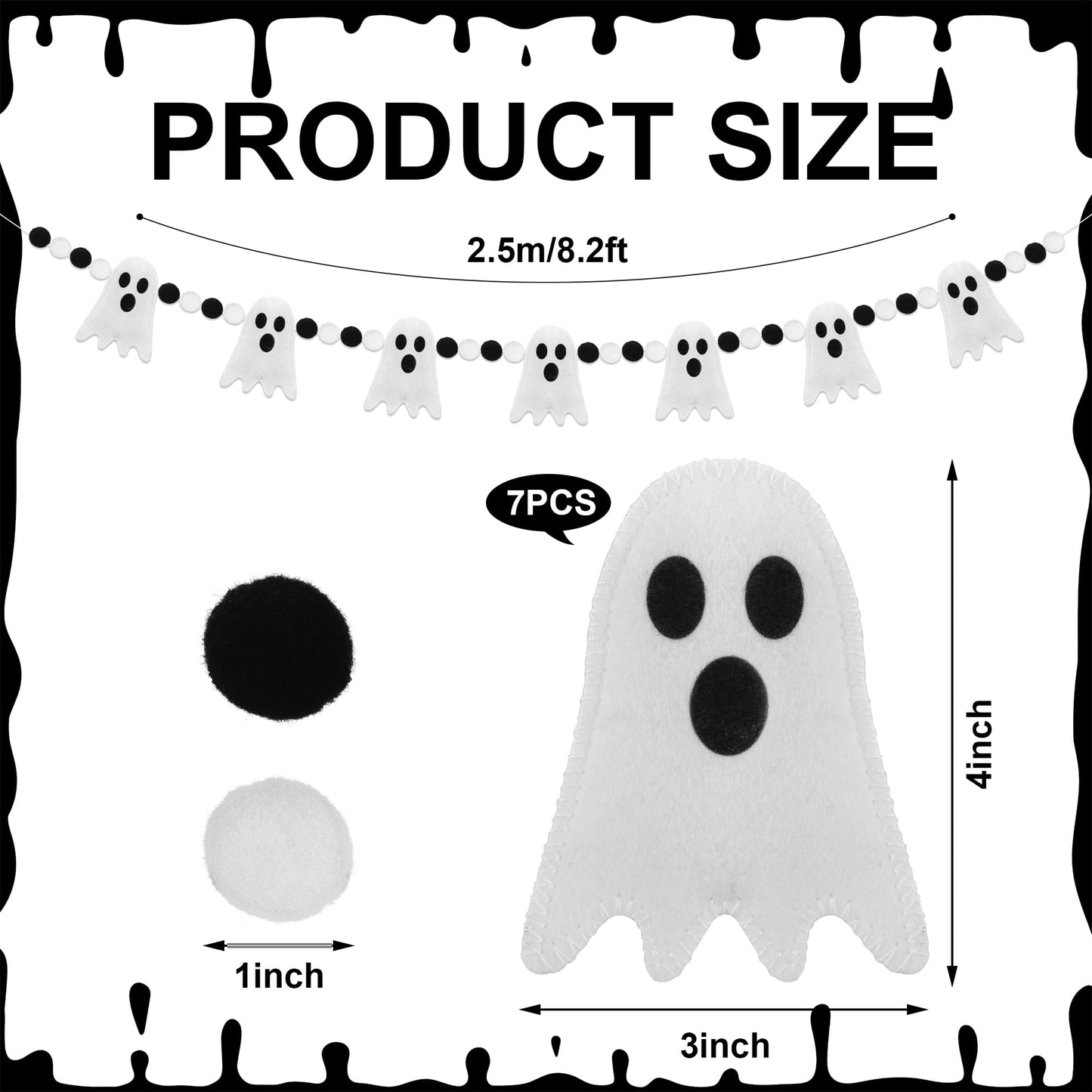 8.2 Ft Halloween Garland Cute Ghost Felt Garland 3D Ghost Hanging Banner White Black Pom Pom Ball Banner Felt Ghosts Hanging Decorations for Halloween Fireplace Mantle Window Home Party Decor