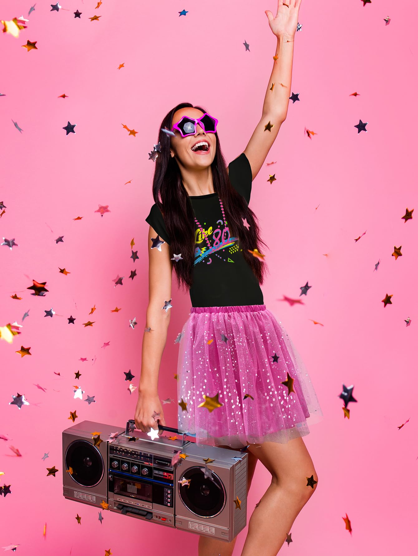 XXLOG 80s Outfit for Women T-Shirt Tutu Skirt with Accessories 80s Costumes Set for Retro Theme Party Pink M