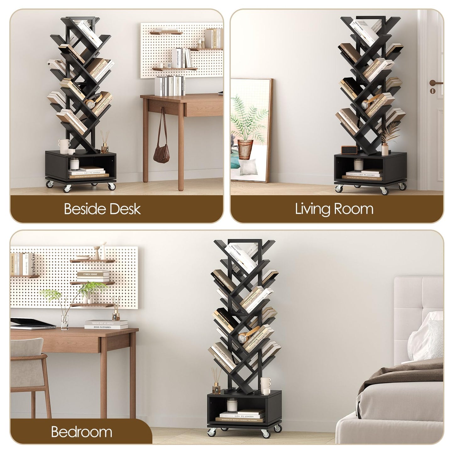 7 Tier Double Sided Rotating Tree Book Shelf, Floor Standing Wood Bookshelf with Adjustable Wheels for Narrow Space, with Storage Cabinet for Books/CDs/Magazine, Black