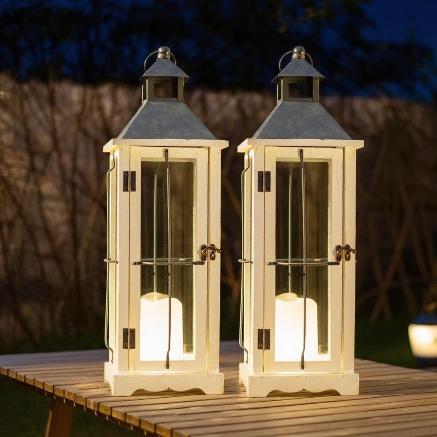 2 Pack 26in Farmhouse White Waterproof Wood Metal Decorative Lanterns with Remote Control, Timer, Tempered Glass, Flameless Pillar Candles, Decorative Lanterns for Home Decor, Front Porch, Wedding