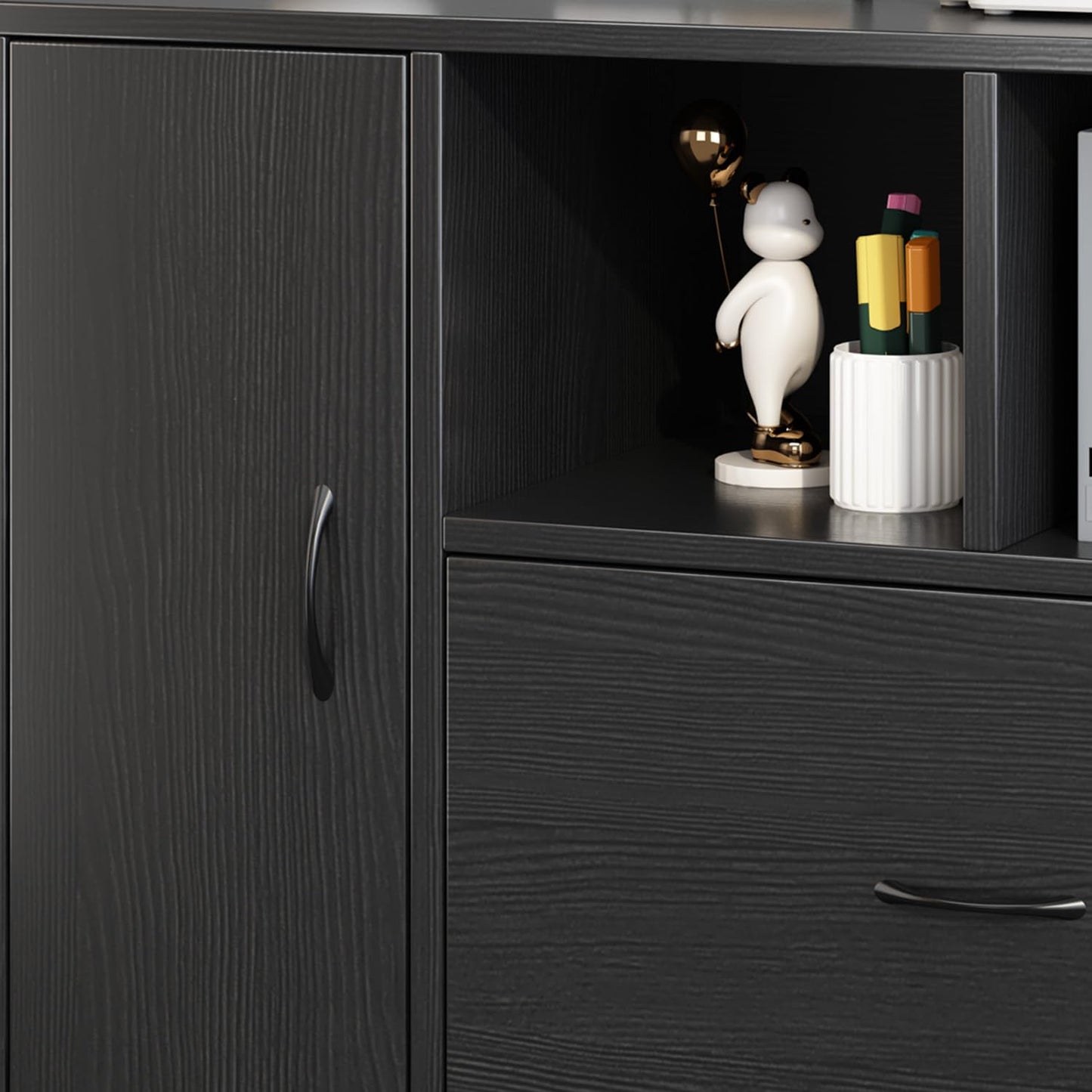 1 Drawer 1 Door 2 Shelves office furniture storage cabinet,Office Vertical Files Pedestal storage Lateral cabinet,Printer Stand with Open Storage Shelves and Rolling Wheels for Office and Home (Black)