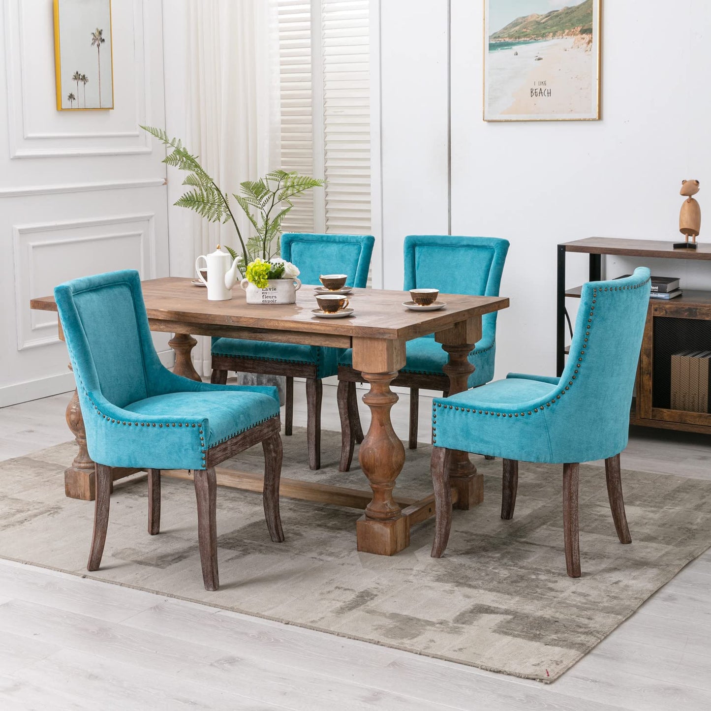 Yayzy Modern Dining Chairs Set of 6, Upholstered Fabric High Back Dining Chairs with Nailhead Trim & Solid Wood Legs for Dining Room & Kitchen, Blue