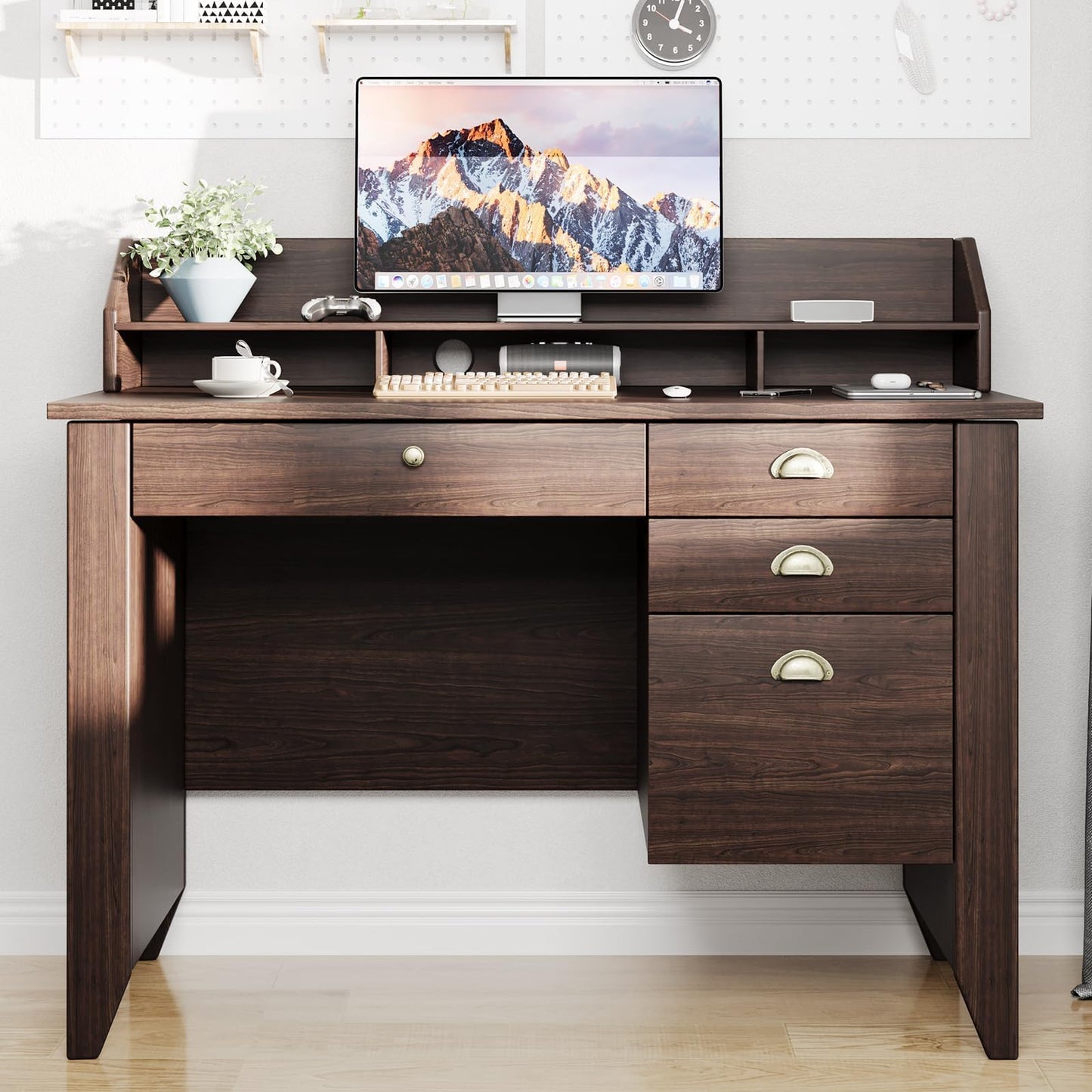 4 EVER WINNER Small Desk with Drawers, Wood Desk with Monitor Stand, Computer Desks with File Drawer, Small Spaces, Espresso