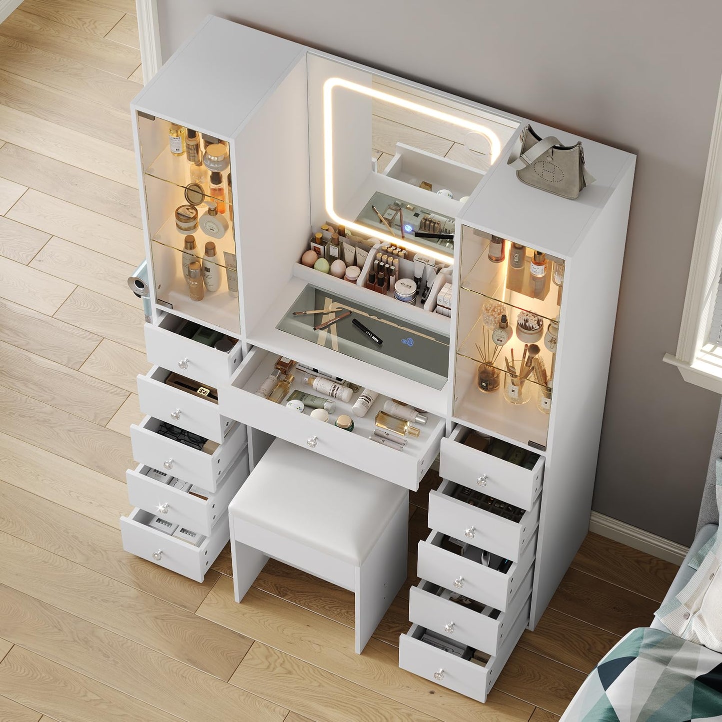 11 Drawers Makeup Vanity with Charging Station, Vanity Desk with LED Mirror & 2 Glass Cabinet, 3 Color Modes, Brightness Adjustable, Glass Top, Dressing Table with Chair for Bedroom (11 Drawers)