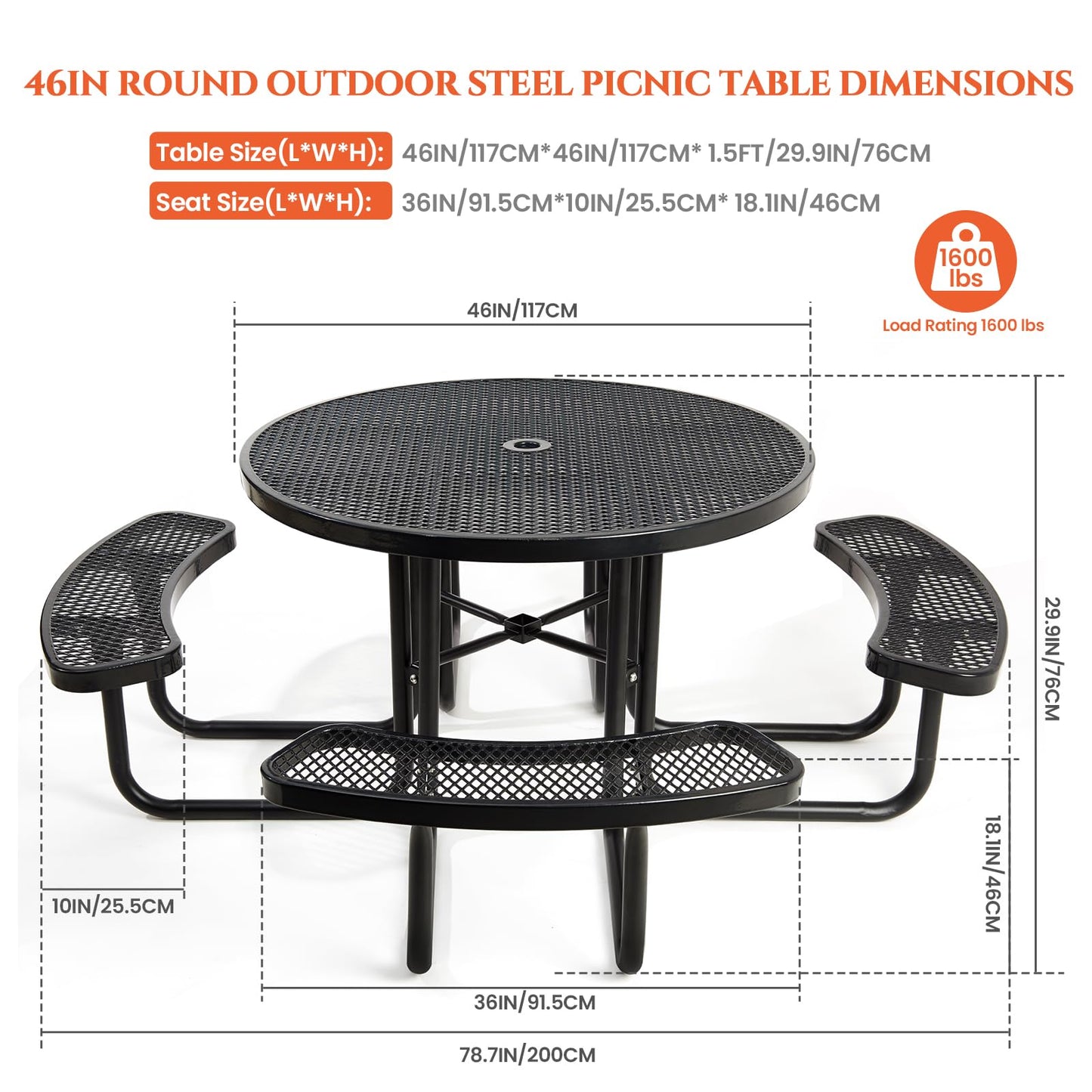 46" Round Top Outdoor Picnic Table Set for Up to 8 Persons, Outside Table Set with 4 Built-in Benches, Metal Commercial-Grade Dining Furniture with Umbrella Hole for Garden, Backyard, Porch, Patio