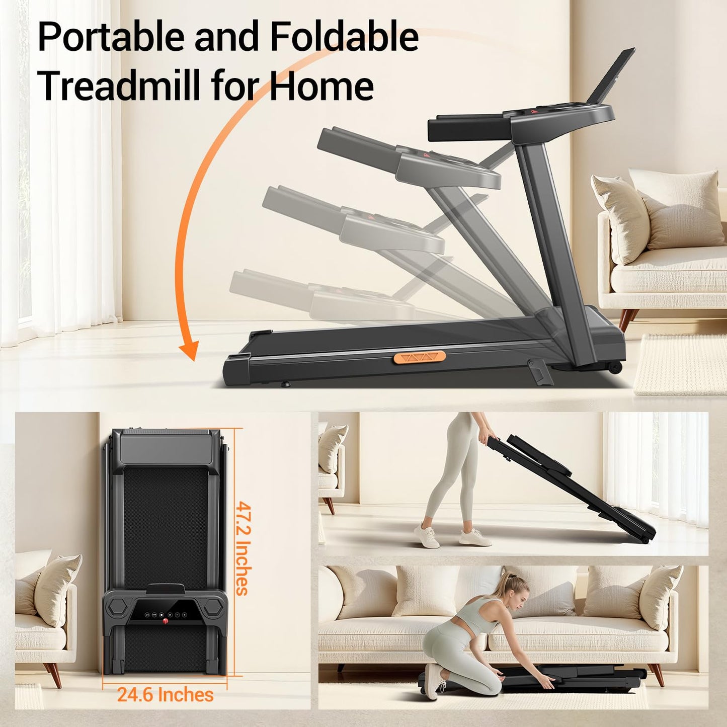 12% Incline Treadmill with Handle, 3-in-1 Portable Treadmills for Home and Office, Foldable Treadmills with 300 Lbs Weight Capacity, 3.0HP Quiet Walking Pad Treadmill, Three Touch Screen