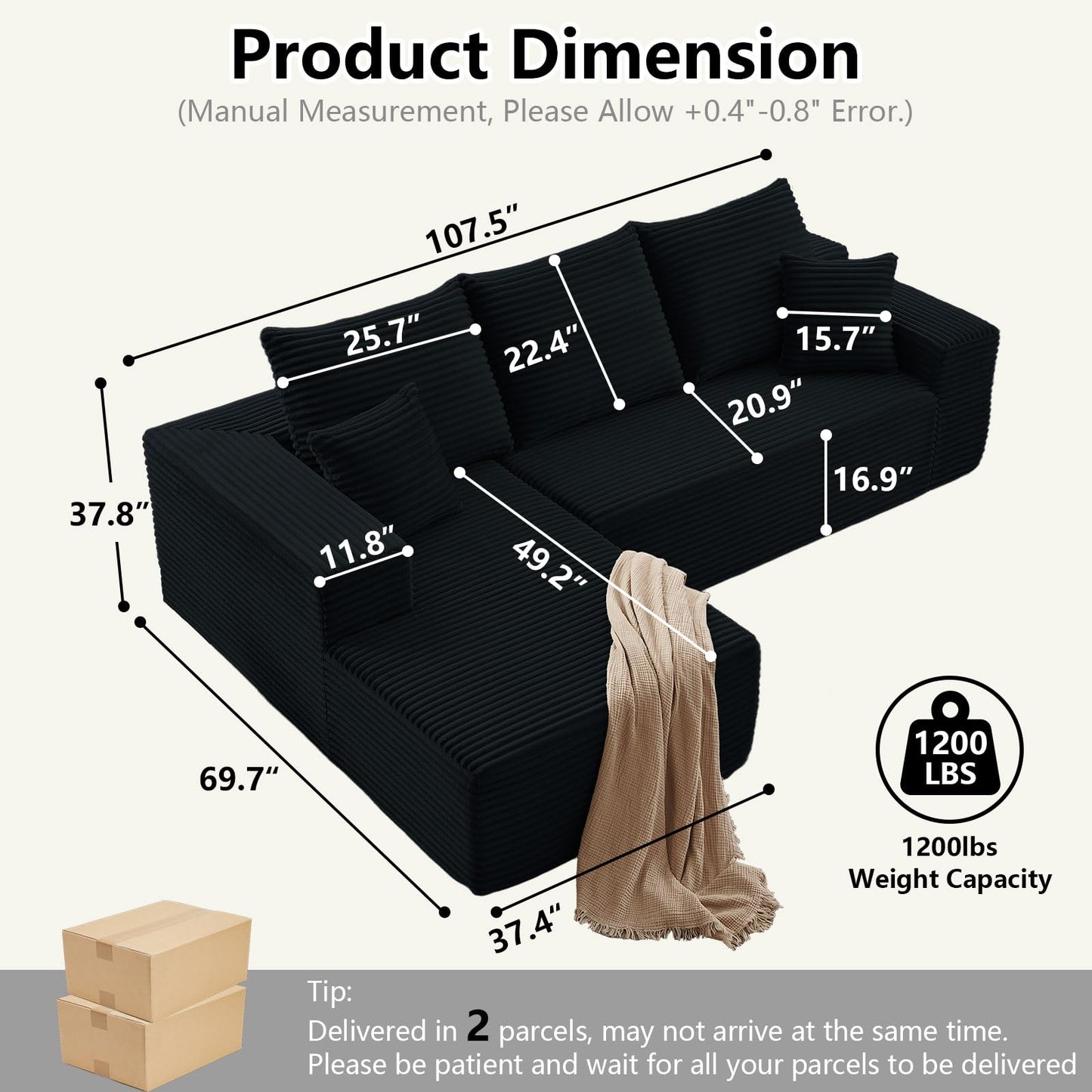 107" Cloud Sectional Couch with L-Shape Chaise, Modern Modular Comfy Sofa with Deep Seat, Upholstered Corduroy Couches Sleeper Chaise Longue for Living Room Bedroom, No Assembly Required, Black