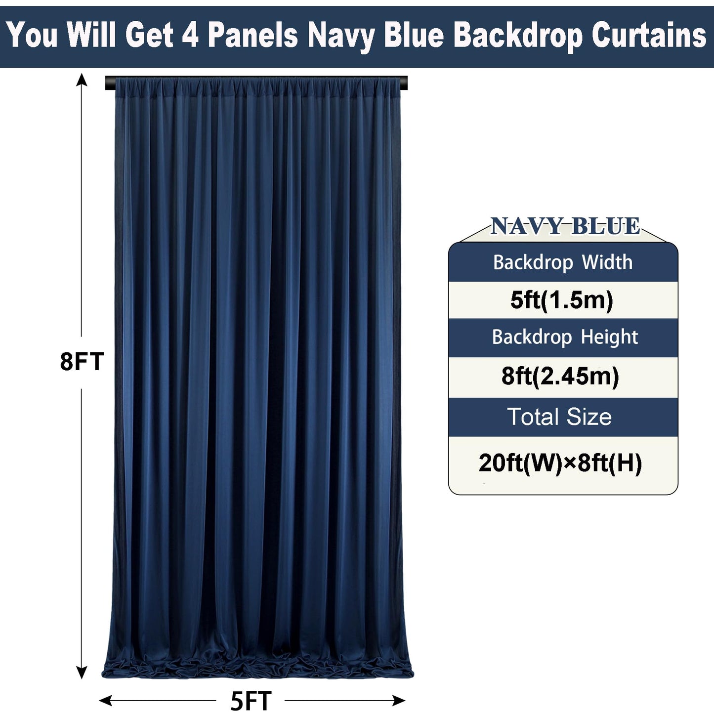 20ft×8ft Wrinkle Free Navy Blue Backdrop Curtains for Parties, 4 Panels 5ft×8ft Thick Silky Polyester Navy Photo Backdrop Drapes for Graduation Party Baby Shower Birthday Wedding Photography