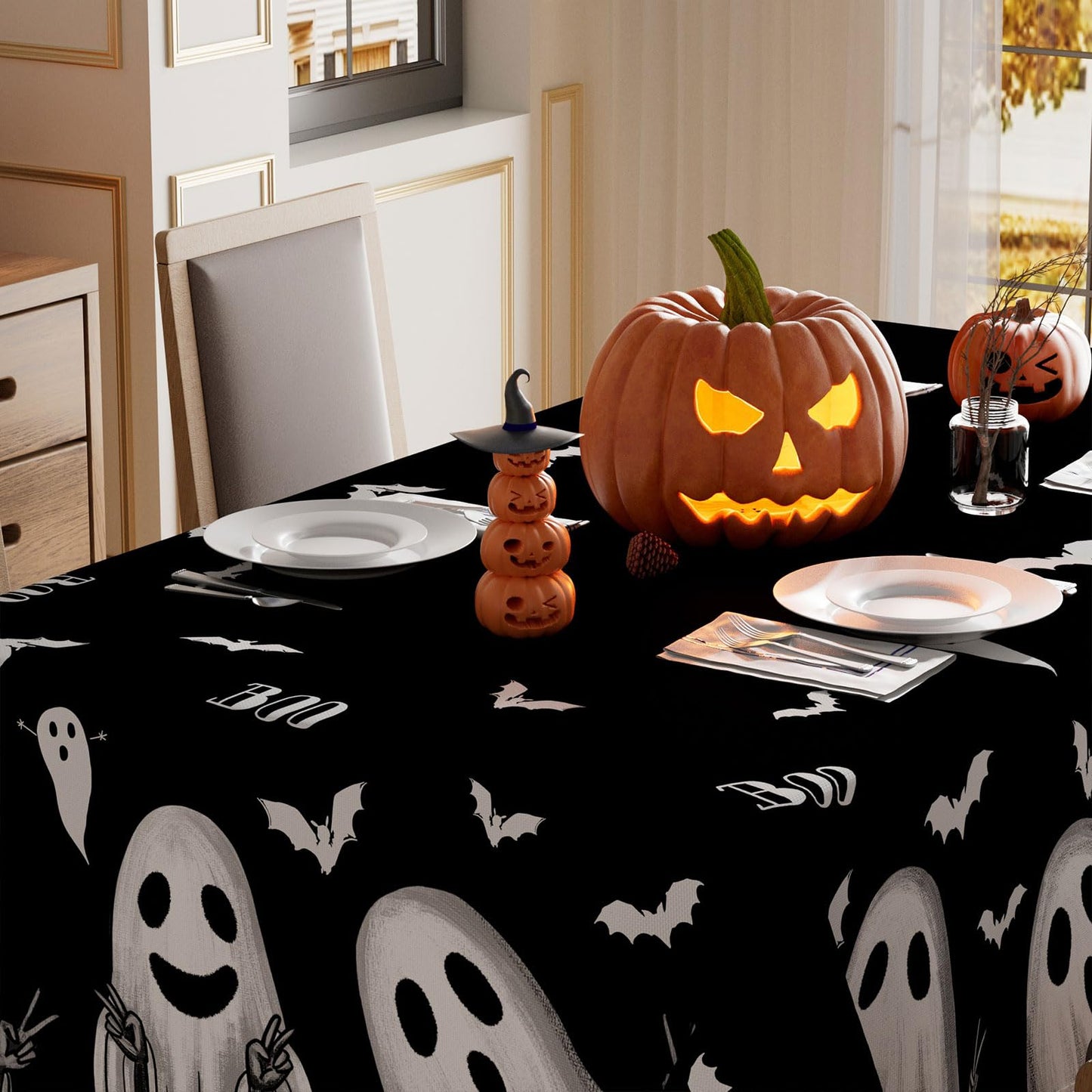 XCHI Spooky Black Ghost Halloween Tablecloth Rectangle Washable Table Covers for Indoor Outdoor Dining Home Party Decorations Table Cloth 60x84 Inch