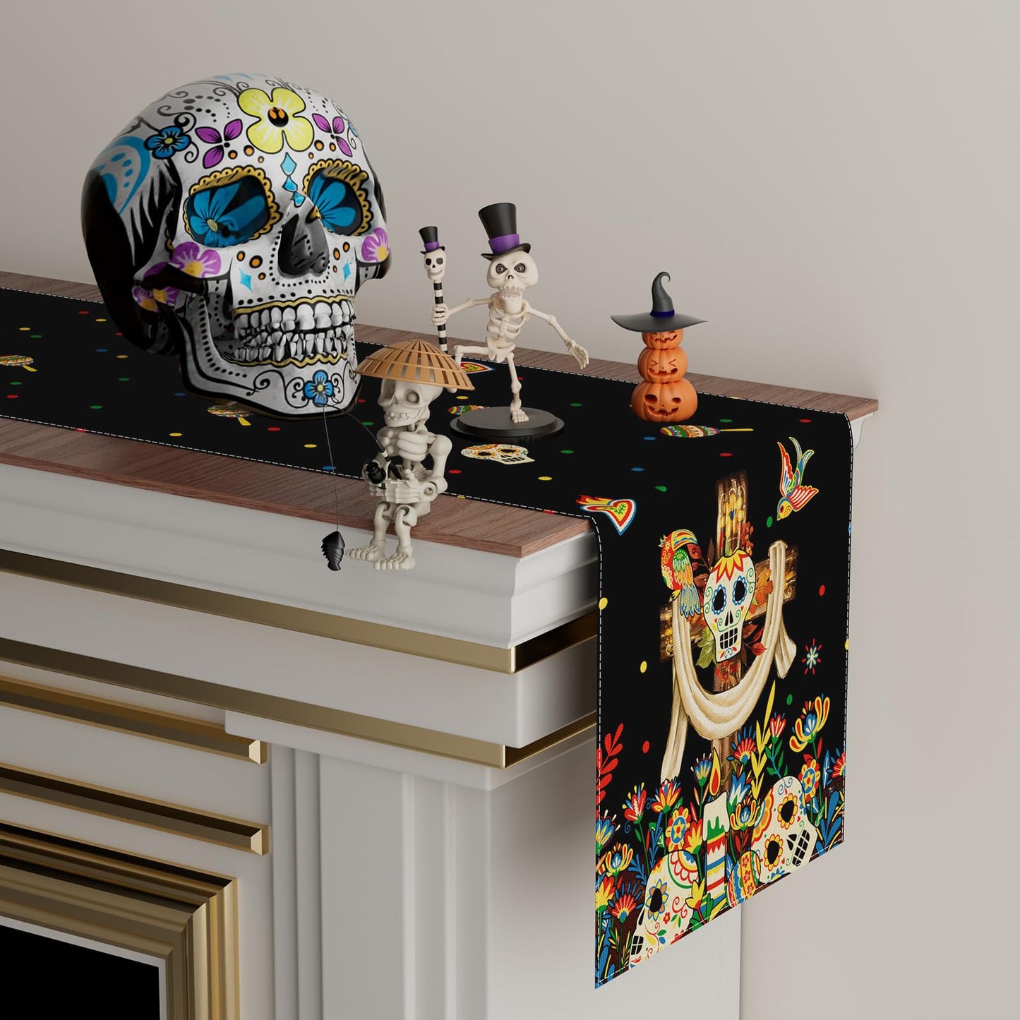 XCHI Cross Sugar Skull Birds Flowers Dia De Los Muertos Table Runner Day of The Dead Mexican Table Decoration for Home Kitchen Dining Holiday Fiesta Themed Party Decor 13x72 Inch