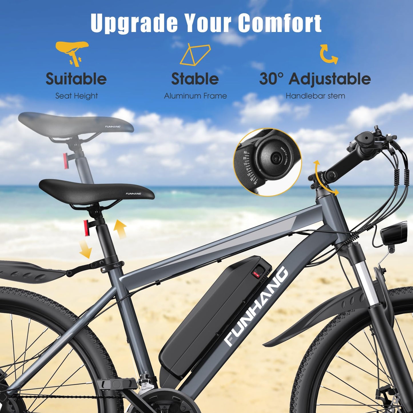 Funhang Electric Bike for Adults, Peak 1000W Ebike, 50Miles 21.7MPH Adult Electric Bicycles, 26" Electric Mountain Bike 48V 374.4WH Battery, Commuter E Bike with Adjustable Stem, Fenders, 21 Speed