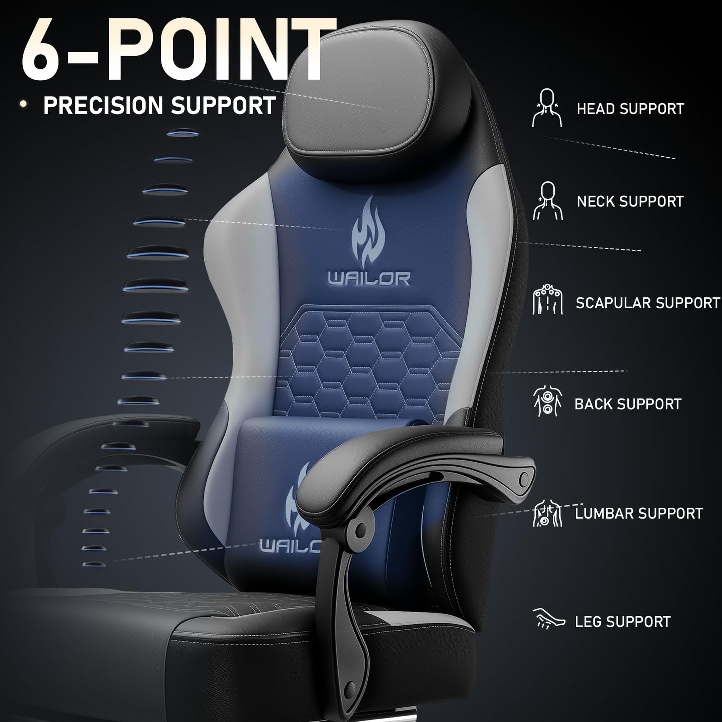 WAILOR Gaming Chair with Massage and Packet Spring Cushion,Ergonomic Gamer Chairs for Adults with Footrest 300lbs,High Back Gamer Leather Chair with Headrest and Lumbar Support