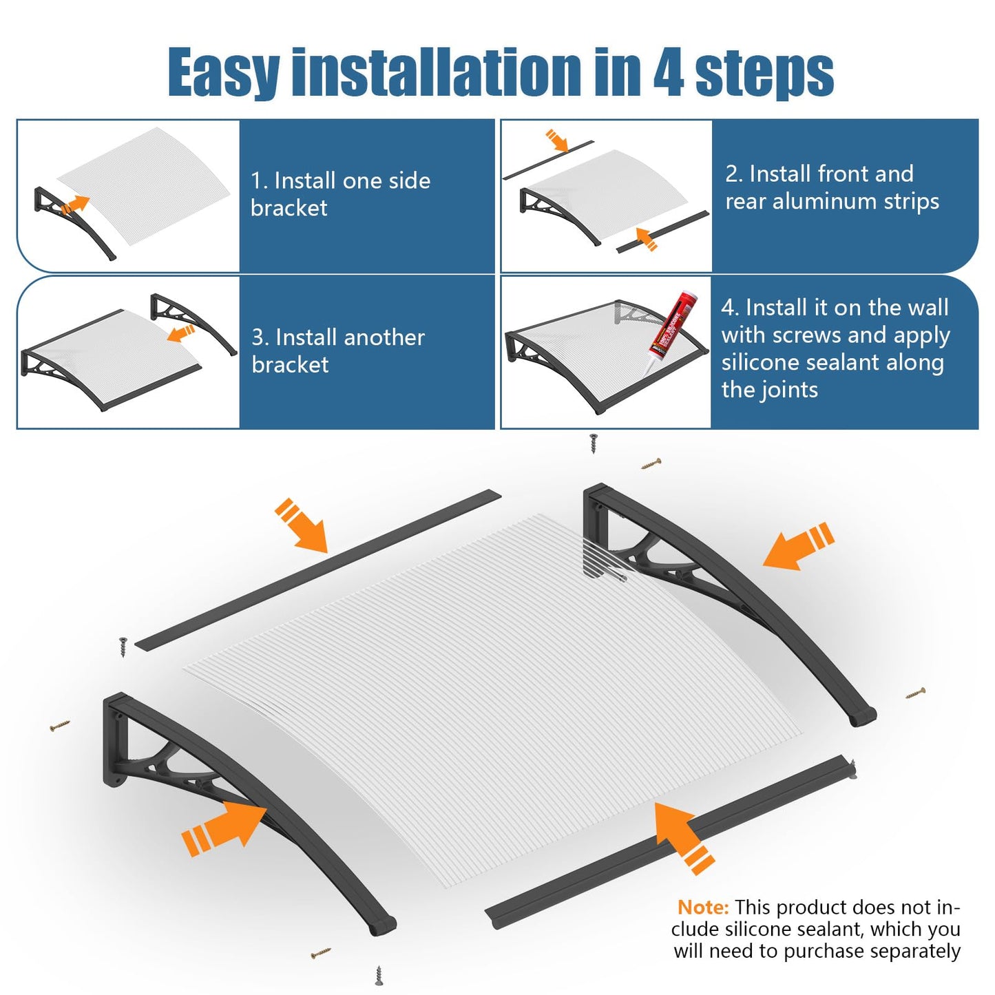 60x80'' Window and Door Exterior, UV/Rain/Snow/Sunlight Protection Sheet,UPF 50+ Polycarbonate Overhang Canopy,House Overdoor Awnings for Door Entrance Outside/Patio/Porch/Deck