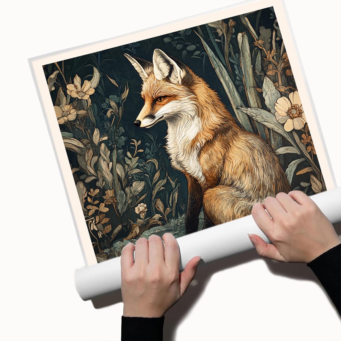 William Morris Style Fox Canvas Print Victorian Animal Portrait Wall Art Botanical Dark Nature Poster for Study Living Room or Rustic Home Decor-11x14Inch Ready to Hang (Unframed)