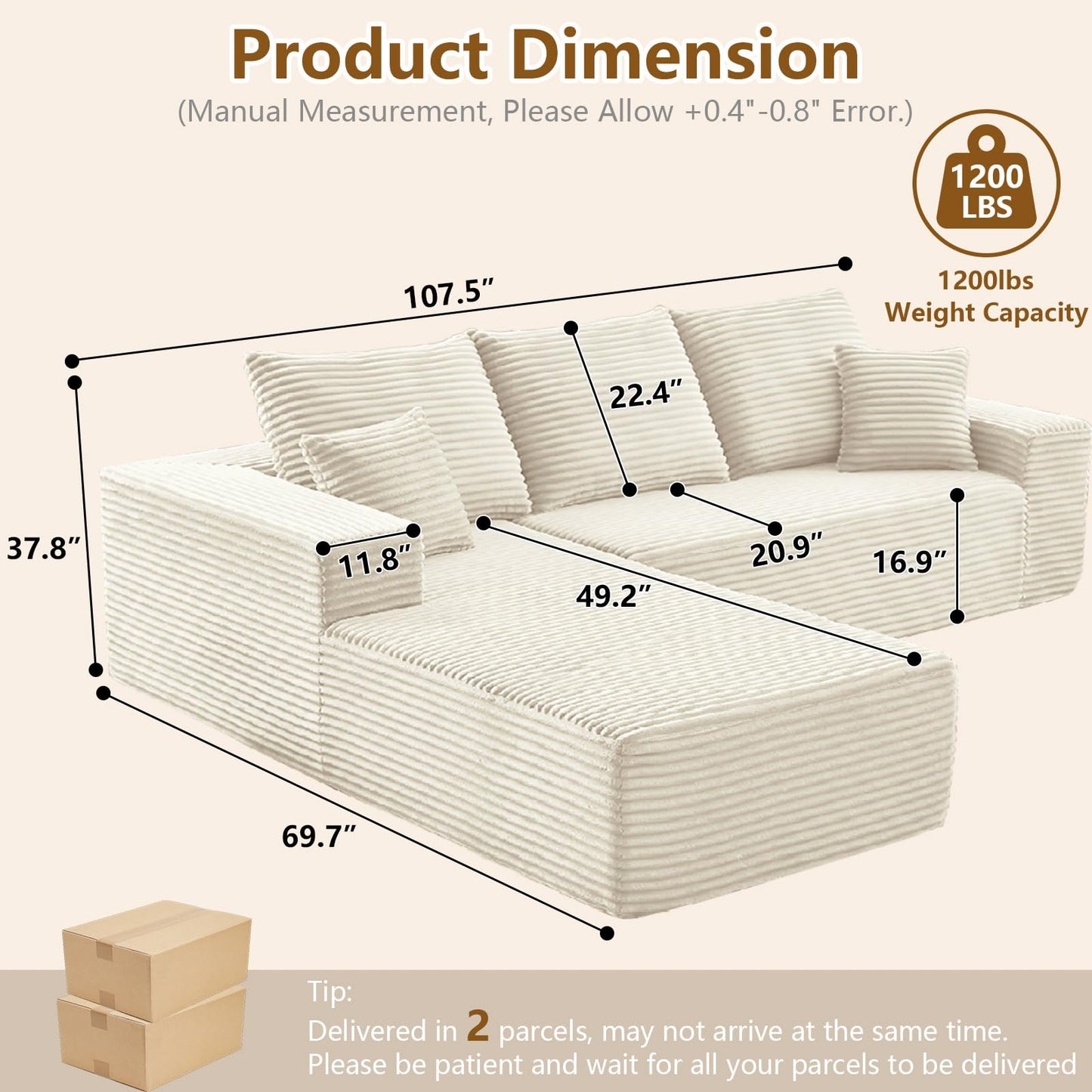 107" Cloud Sectional Couch with L-Shape Chaise, Modern Modular Comfy Sofa with Deep Seat, Upholstered Corduroy Couches Sleeper Chaise Longue for Living Room Bedroom, No Assembly Required, White